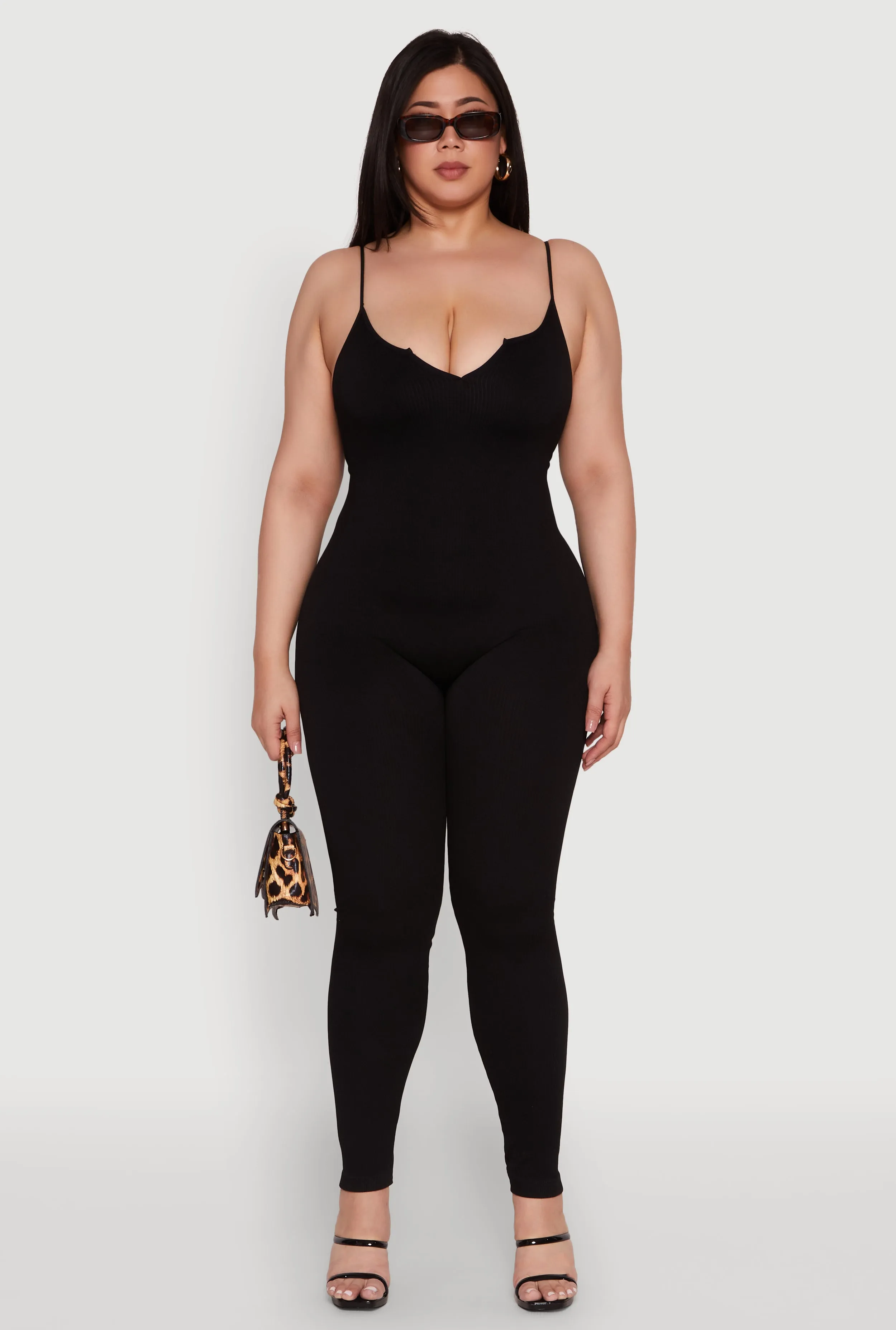 Plus Size Ribbed Knit Sleeveless Jumpsuit with Notch Neck sold by Rainbow