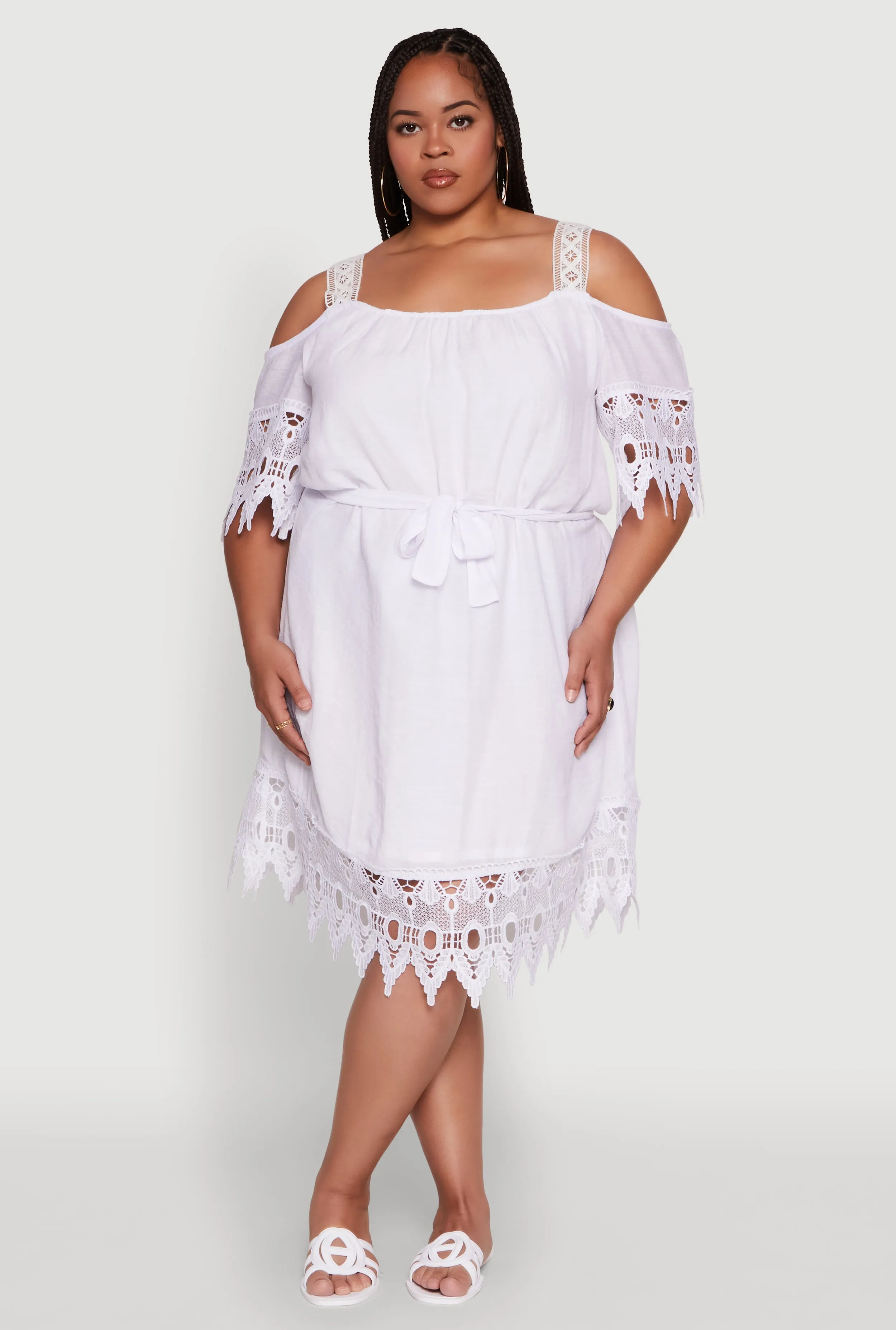 Plus Size Chic Crochet Detail Gauze Knit Cold Shoulder Dress sold by Rainbow