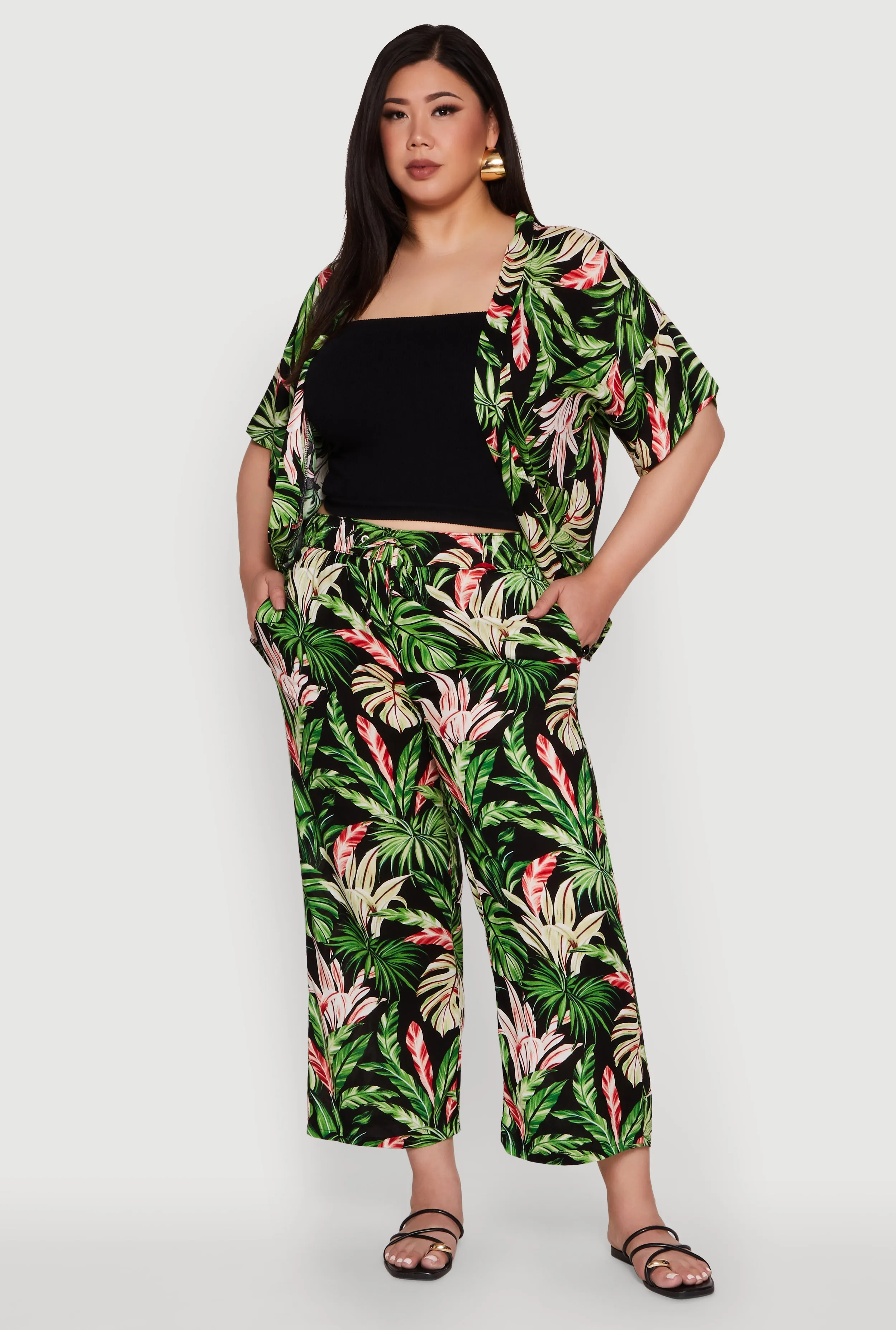 Plus Size Tropical Leaf Print High Waisted Palazzo Pants sold by Rainbow