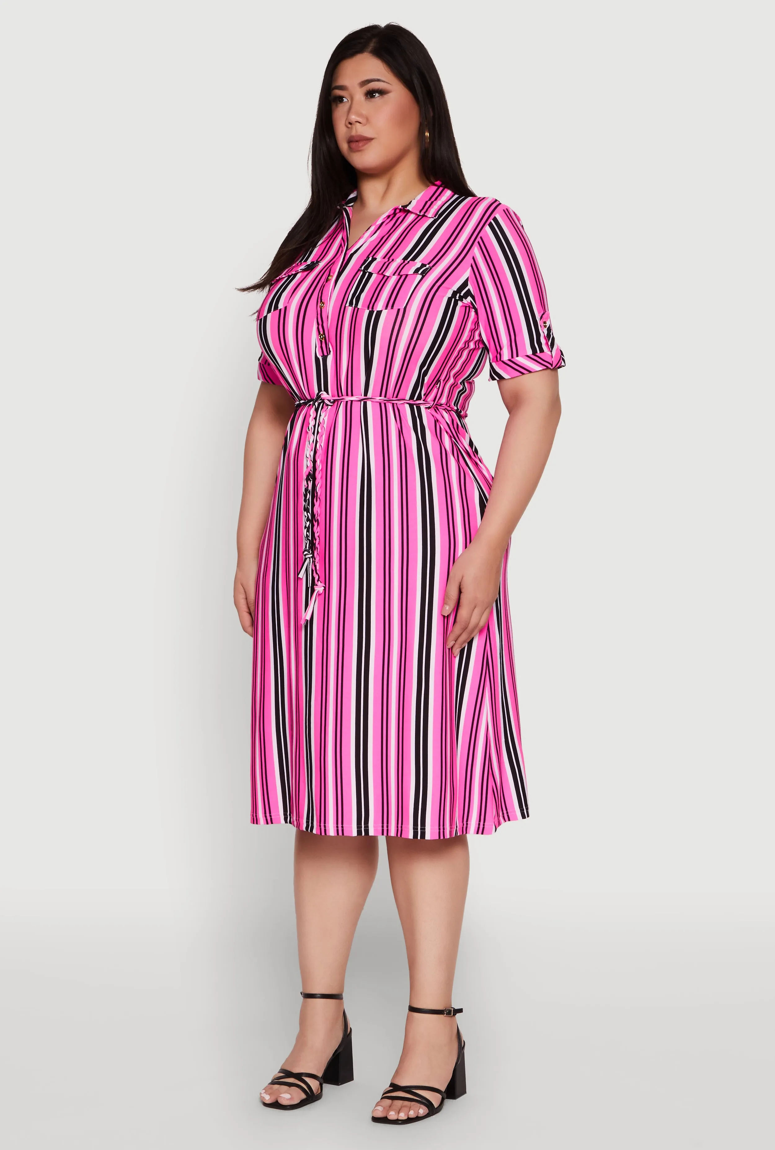 Plus Size Striped Shirt Dress with Tie Waist Belt and Flap Pockets sold by Rainbow product image thumbnail 3