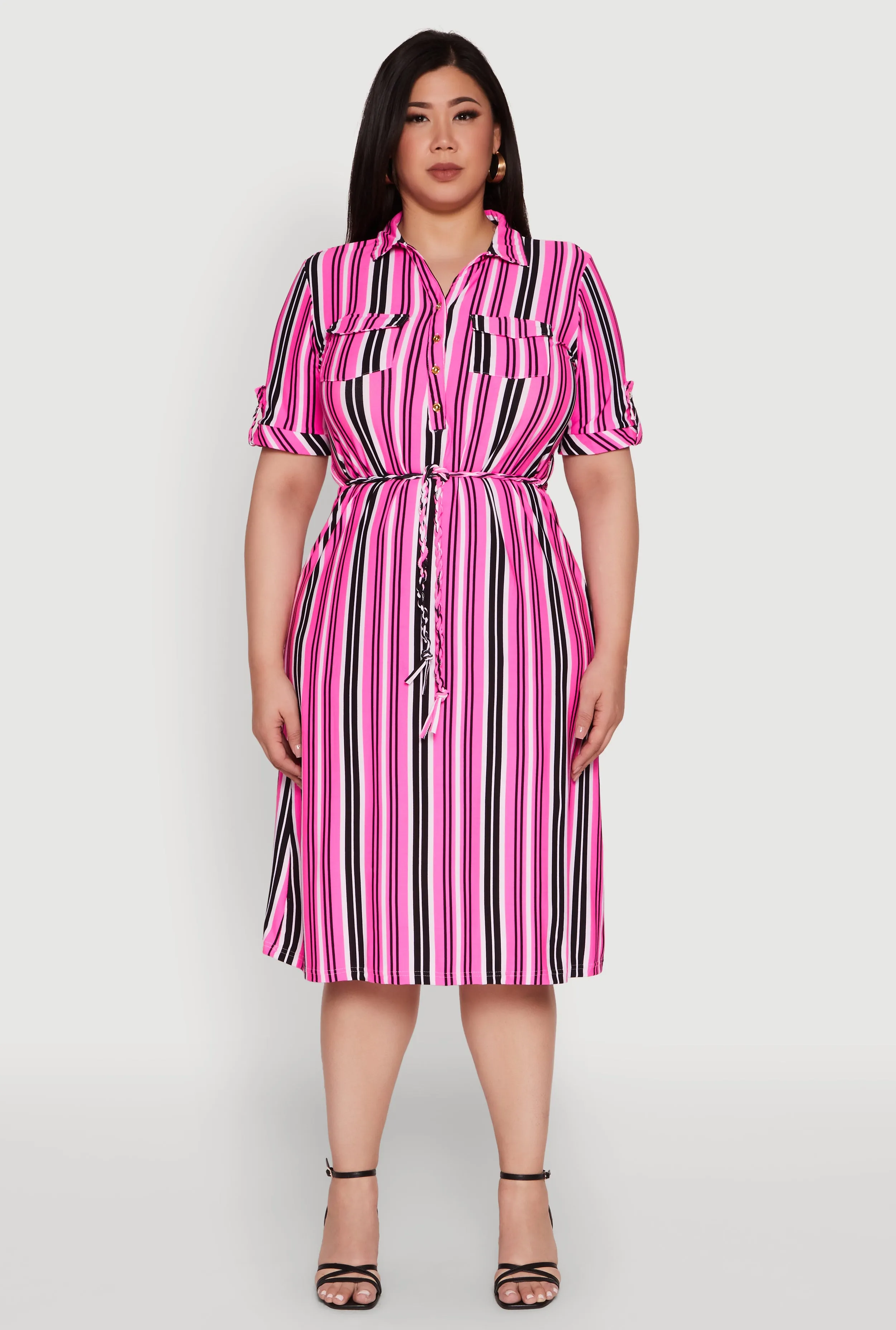Plus Size Striped Shirt Dress with Tie Waist Belt and Flap Pockets sold by Rainbow product image thumbnail 2