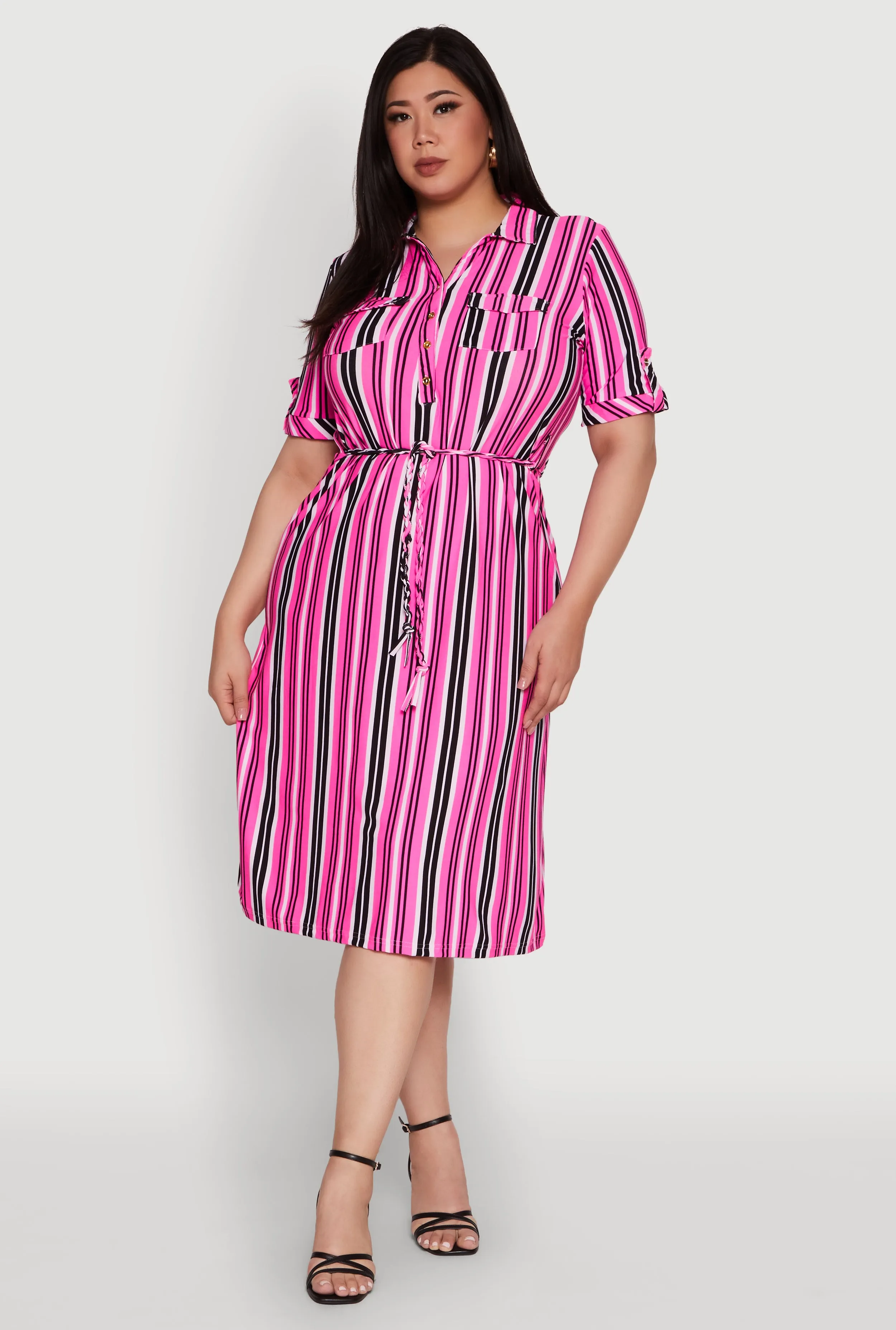 Plus Size Striped Shirt Dress with Tie Waist Belt and Flap Pockets sold by Rainbow