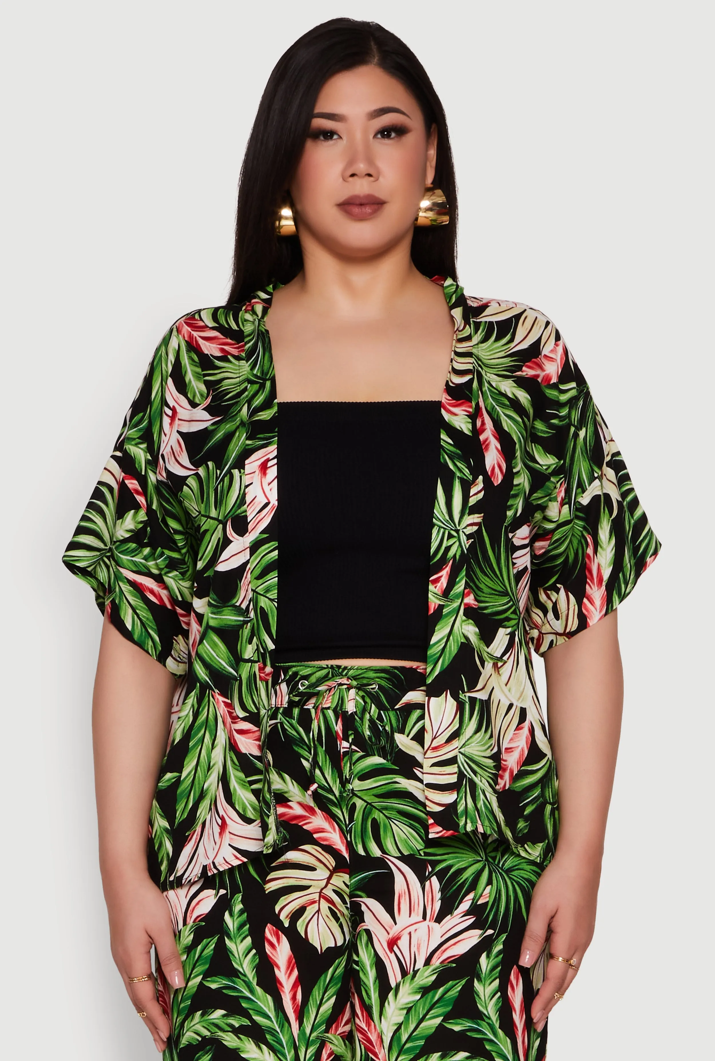 Plus Size Tropical Leaf Print Kimono with Open Front Classic Fit sold by Rainbow