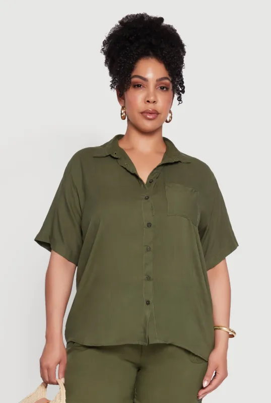 Plus Size Classic Fit Button Front Short Sleeve Shirt sold by Rainbow