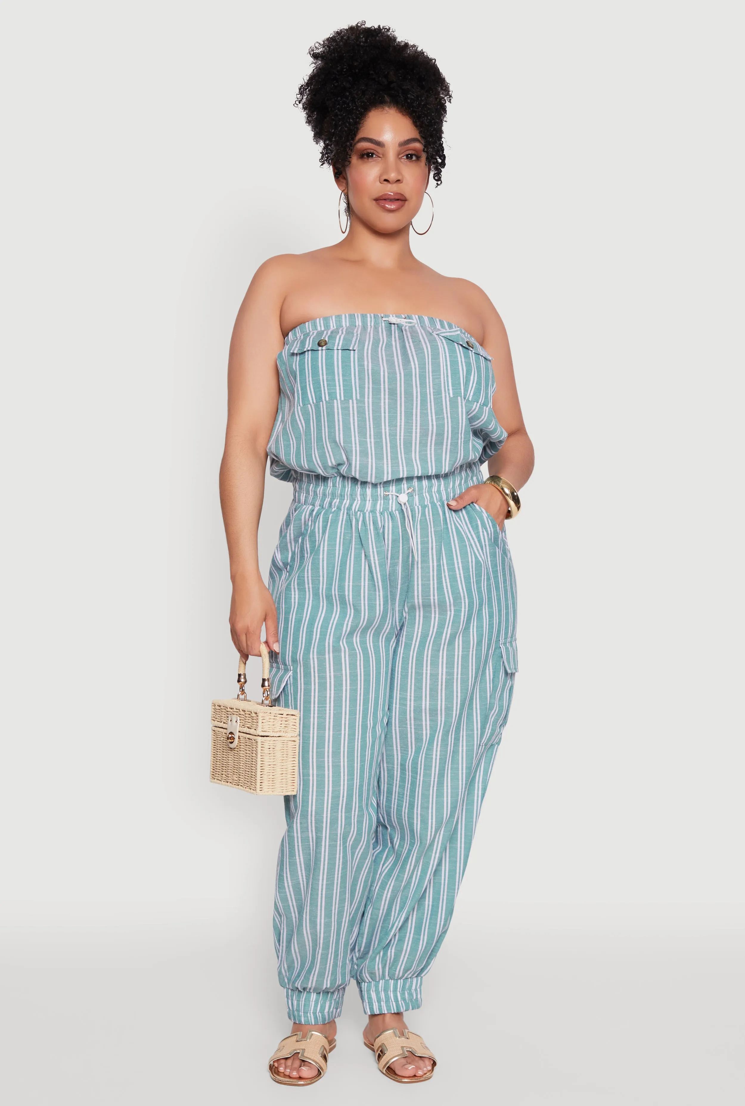 Plus Size Stylish Striped Strapless Tapered Leg Jumpsuit sold by Rainbow