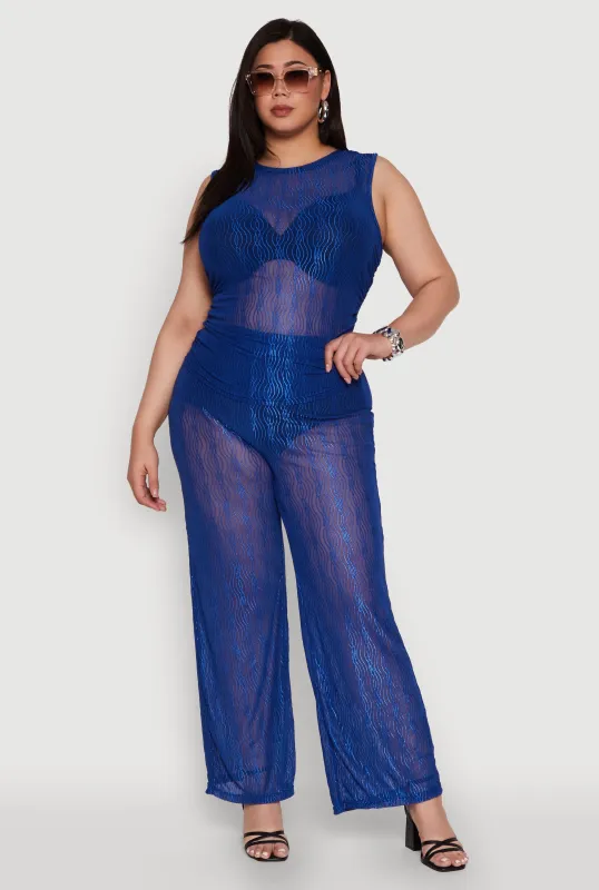 Plus Size Stylish High Waisted Wavy Stripe Mesh Palazzo Pants sold by Rainbow