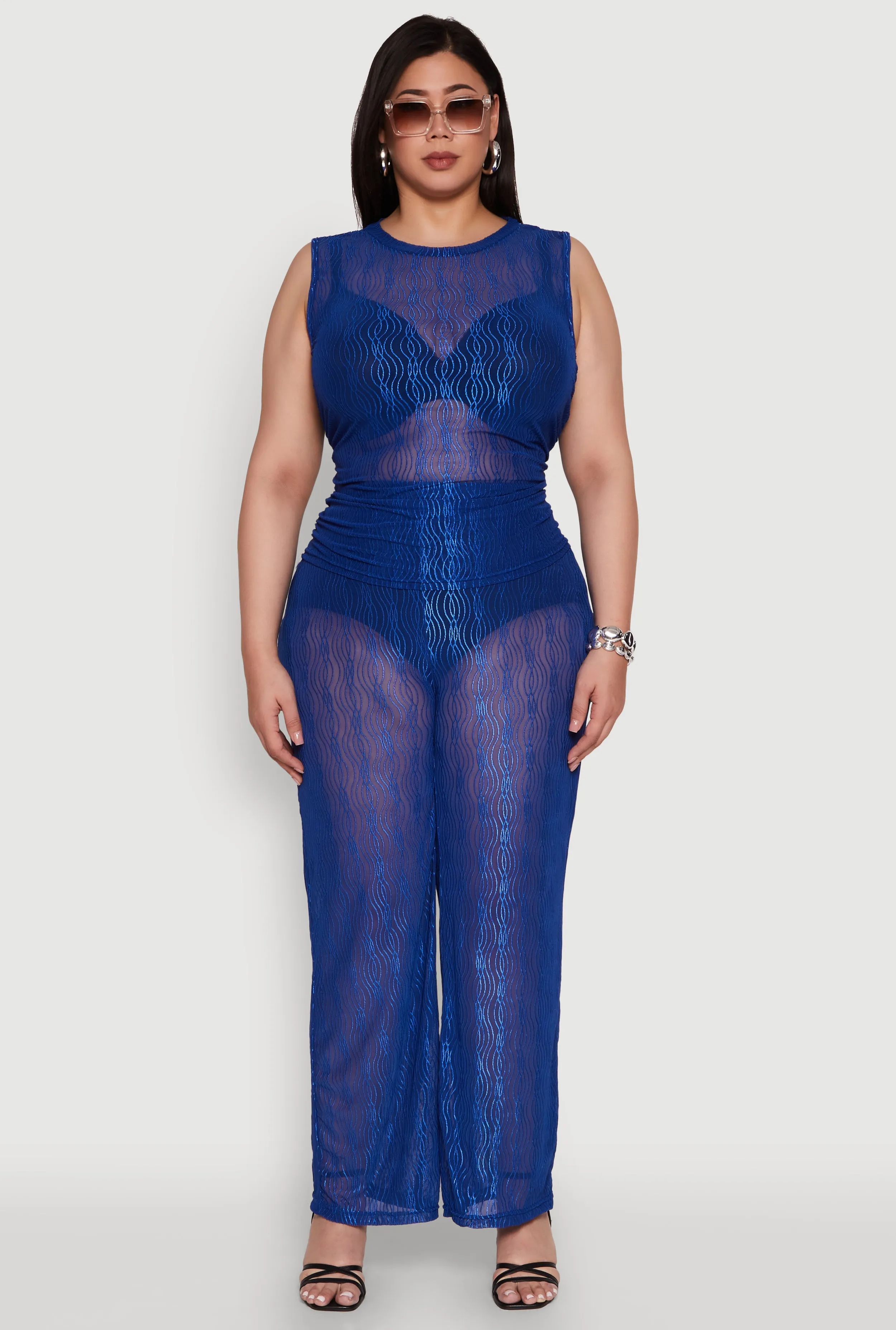 Plus Size Stylish High Waisted Wavy Stripe Mesh Palazzo Pants sold by Rainbow product image thumbnail 2