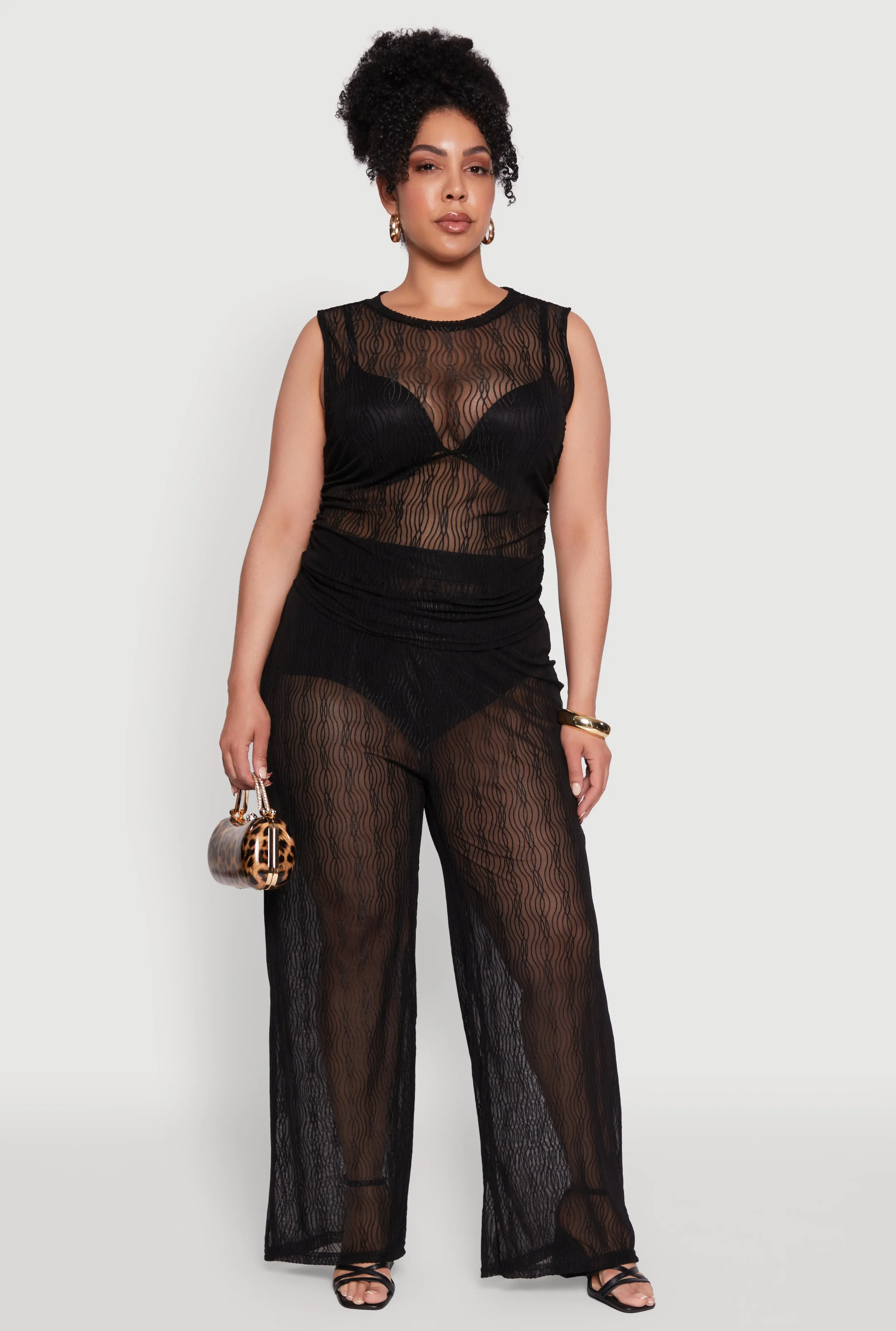 Plus Size Stylish High Waisted Wavy Stripe Mesh Palazzo Pants sold by Rainbow