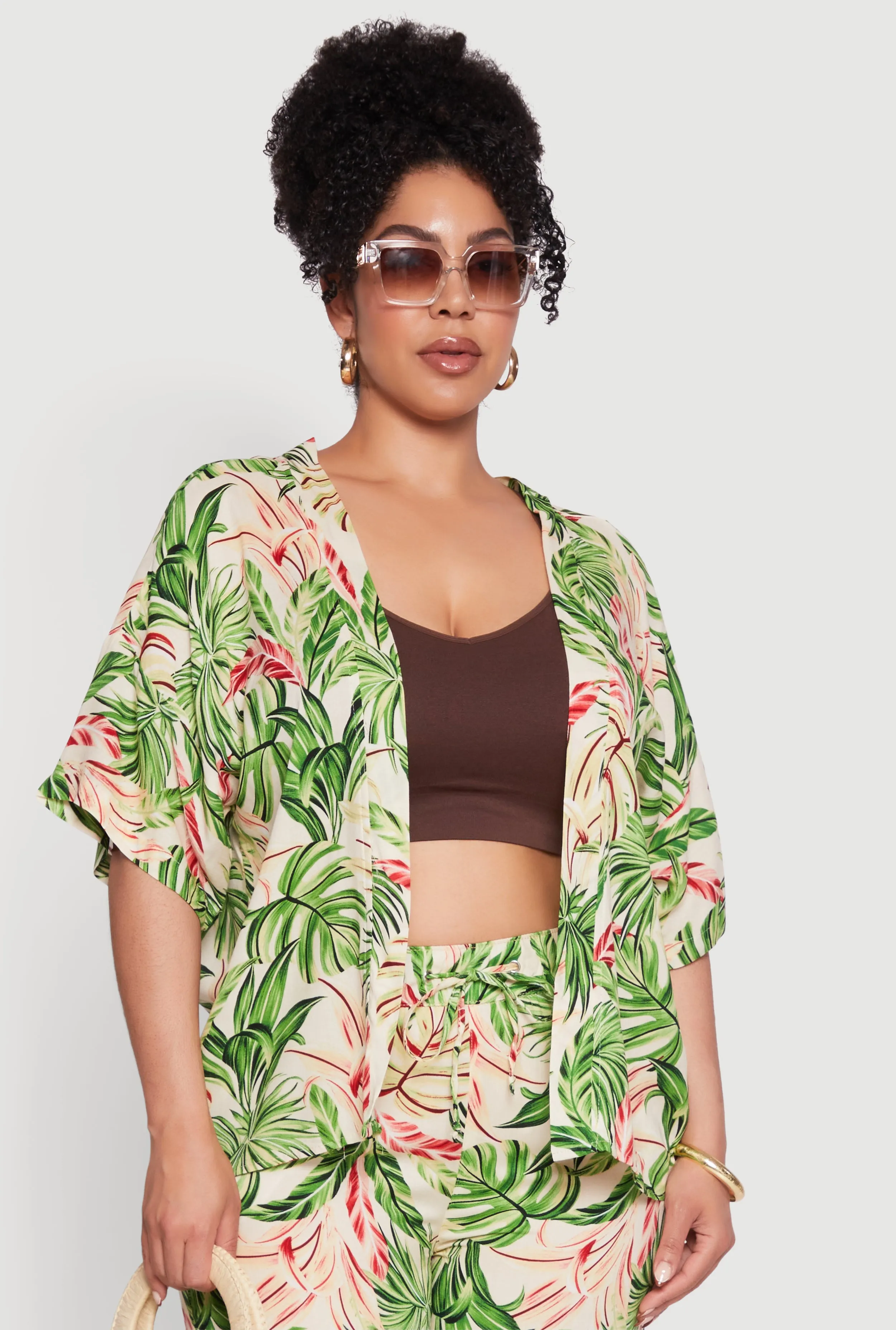 Plus Size Tropical Leaf Print Kimono with Open Front Classic Fit sold by Rainbow