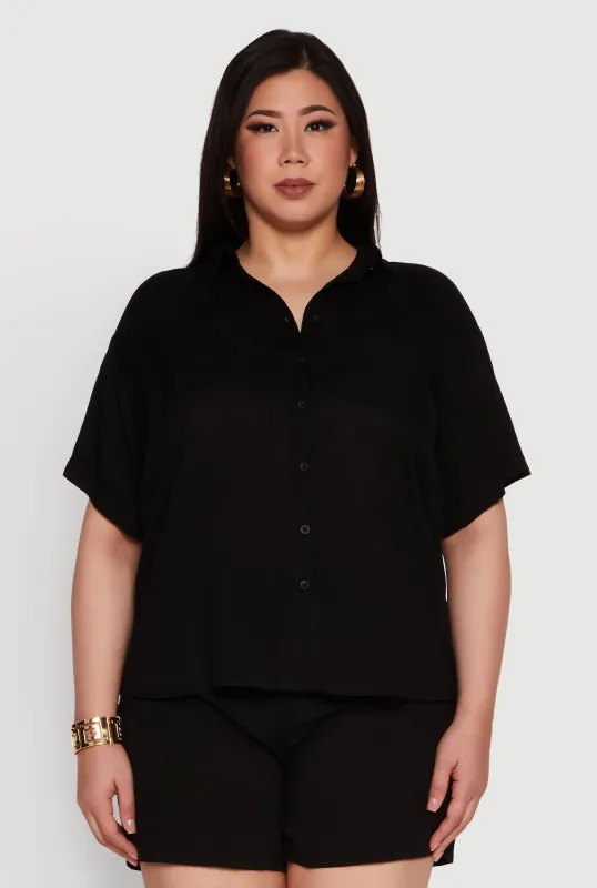 Plus Size Classic Fit Button Front Short Sleeve Shirt sold by Rainbow
