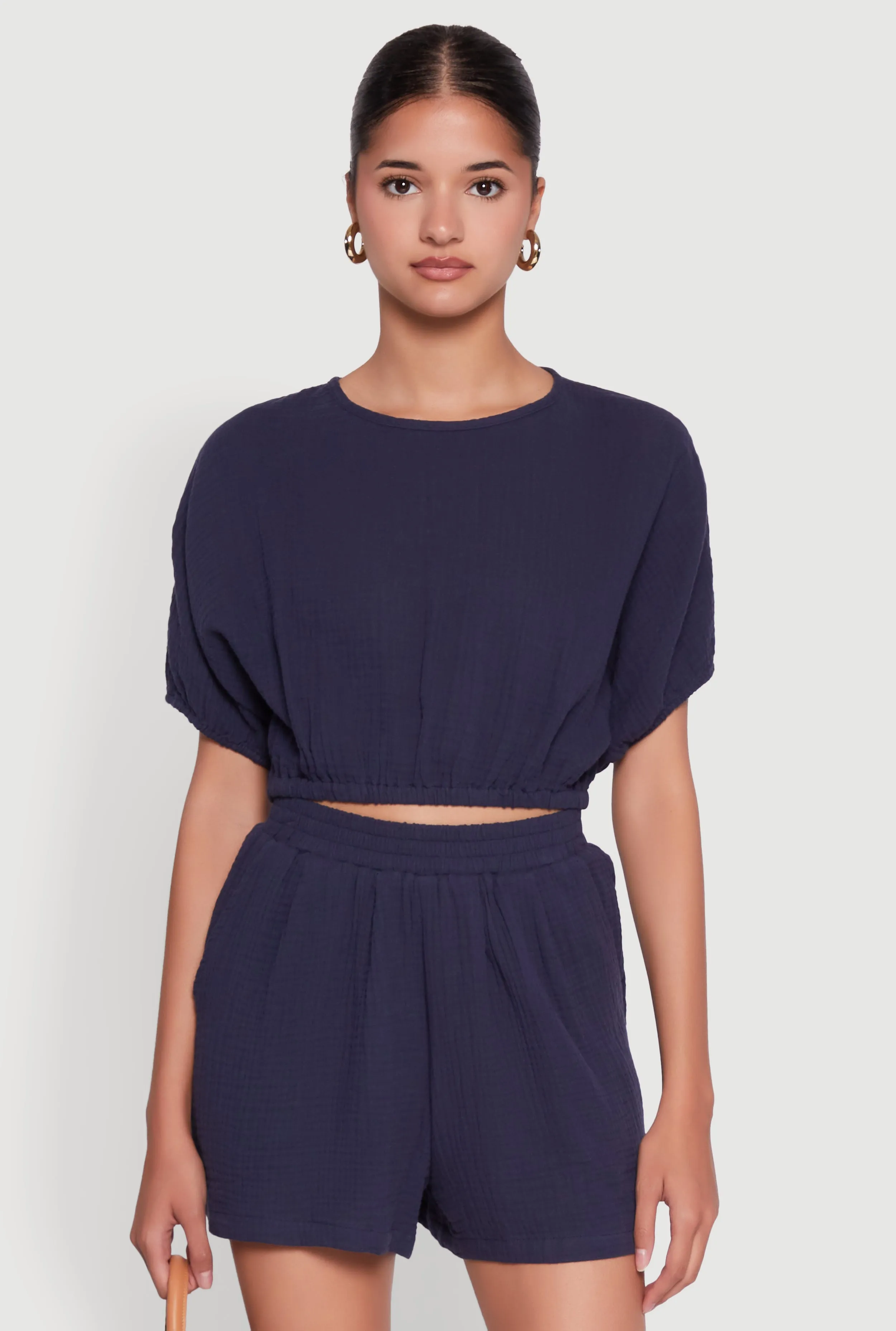 Chic Gauze Knit Crew Neck Cropped Blouse with Dolman Sleeves sold by Rainbow