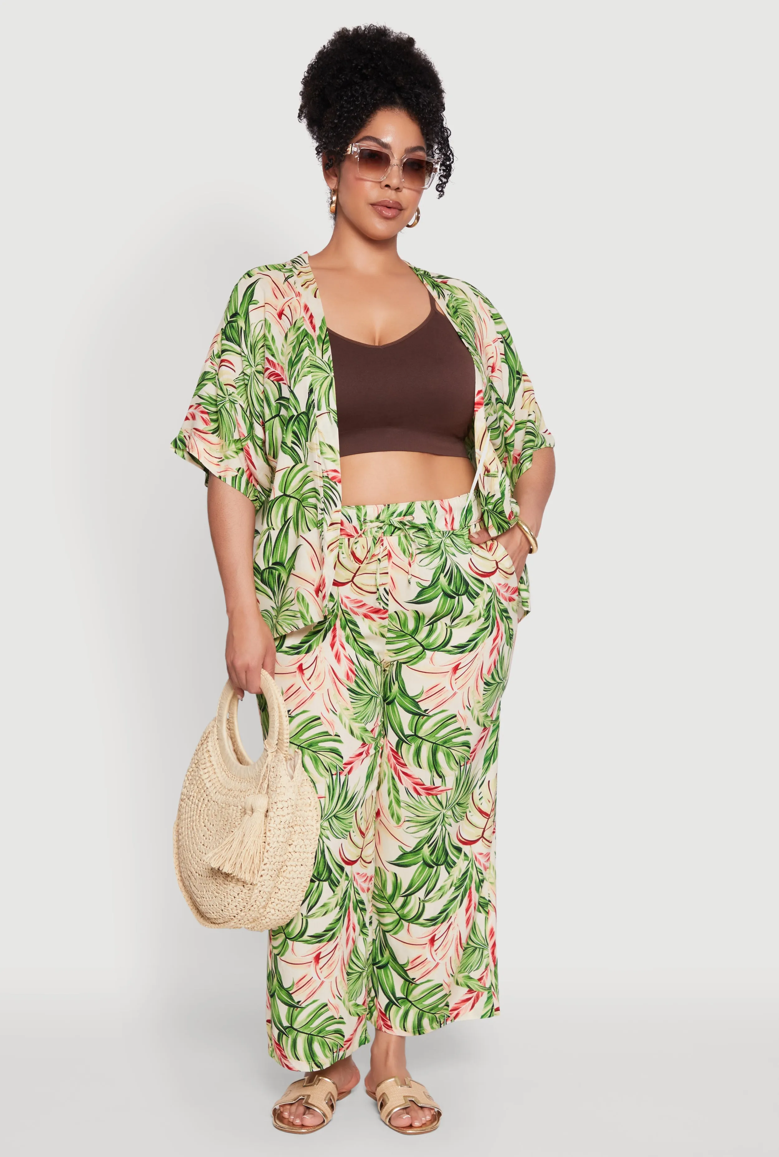 Plus Size Tropical Leaf Print High Waisted Palazzo Pants sold by Rainbow