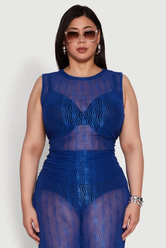 Plus Size Trendy Wavy Stripe Mesh Sleeveless Top sold by Rainbow