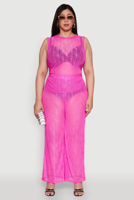 Plus Size Stylish High Waisted Wavy Stripe Mesh Palazzo Pants sold by Rainbow