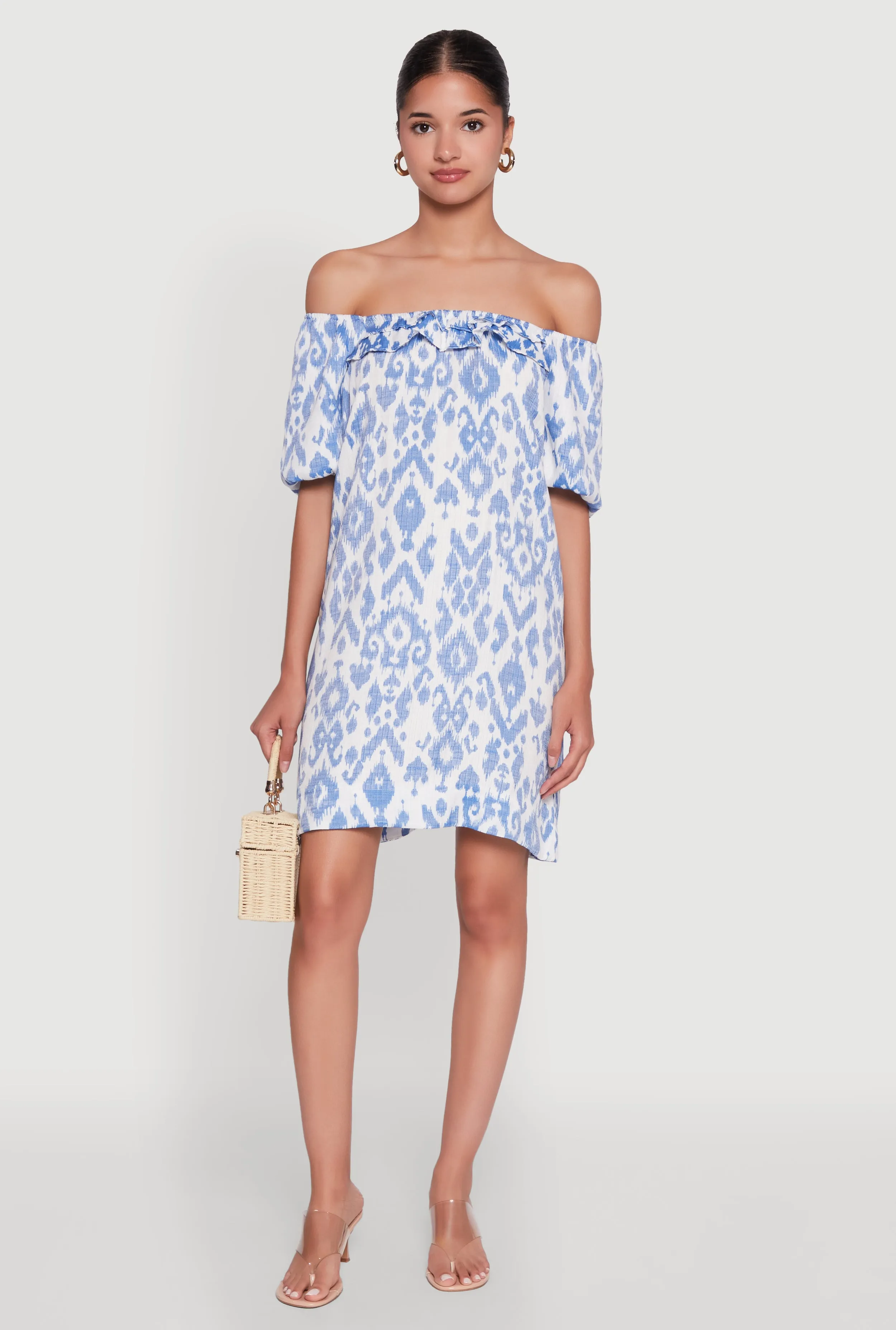 Floral Off Shoulder Bubble Sleeve Shift Dress with Ruffles sold by Rainbow