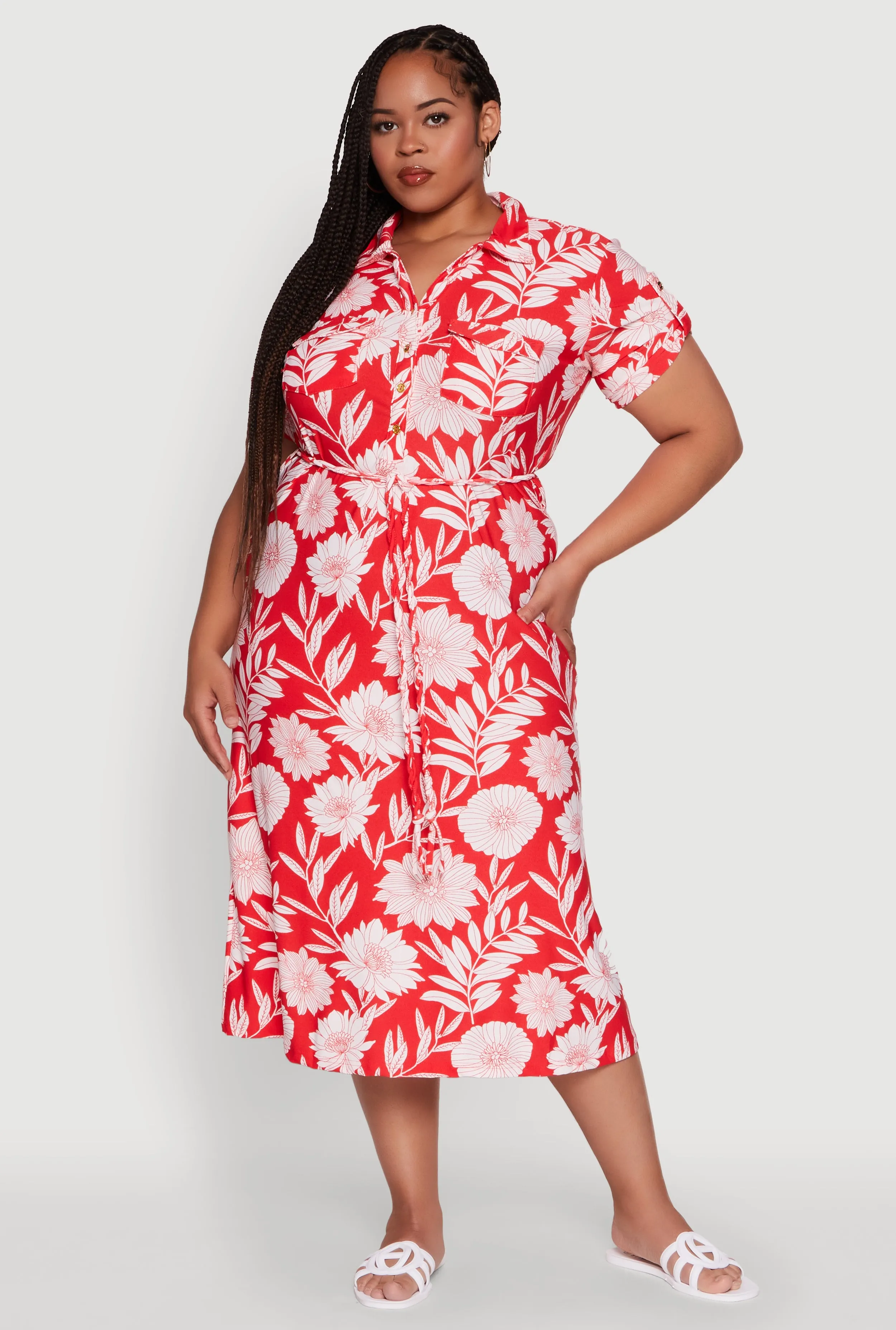 Plus Size Floral Print Half Button Shirt Dress with Tie Waist Belt sold by Rainbow product image thumbnail 2