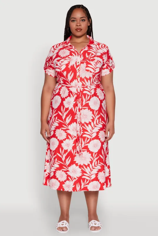 Plus Size Floral Print Half Button Shirt Dress with Tie Waist Belt sold by Rainbow