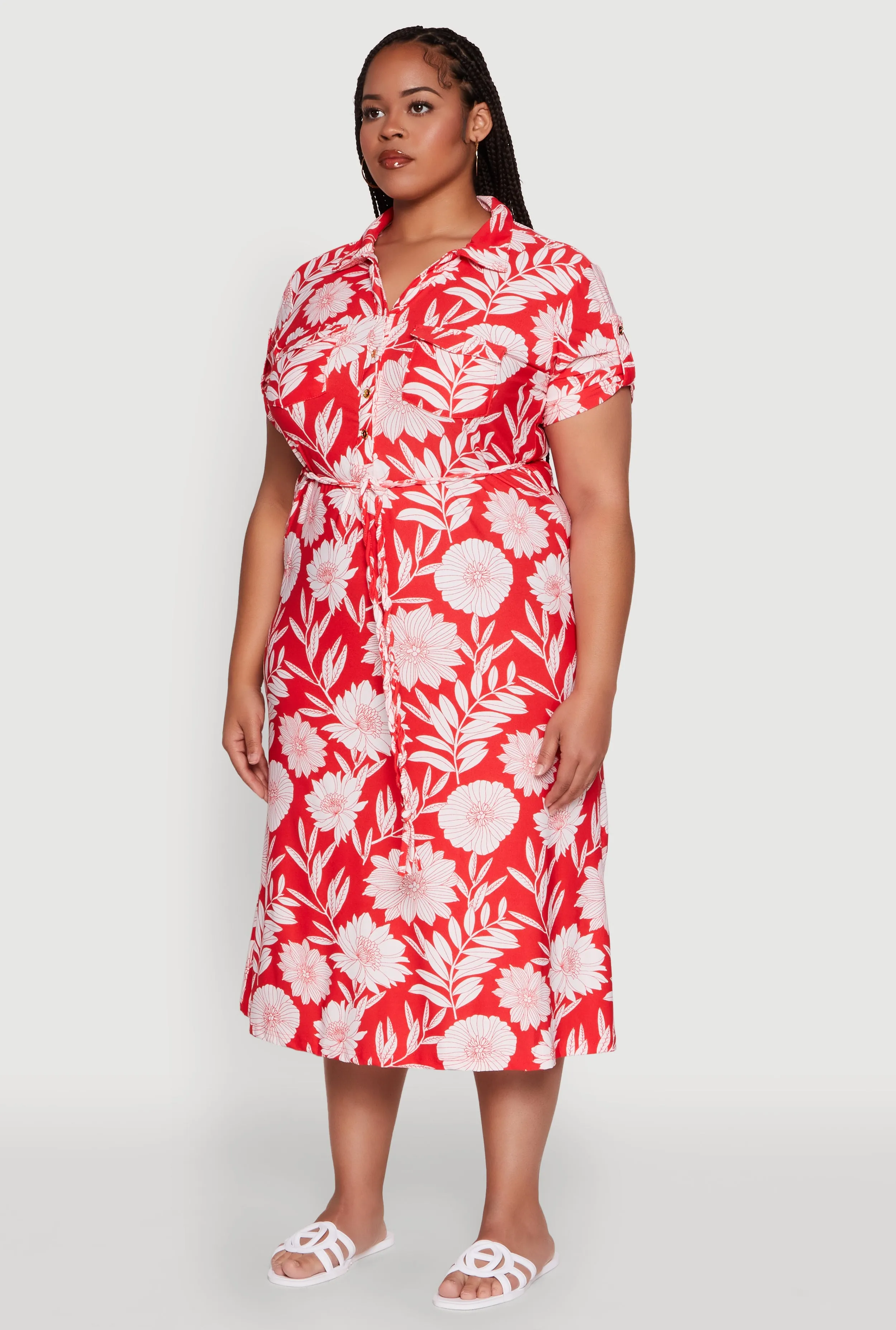 Plus Size Floral Print Half Button Shirt Dress with Tie Waist Belt sold by Rainbow product image thumbnail 3