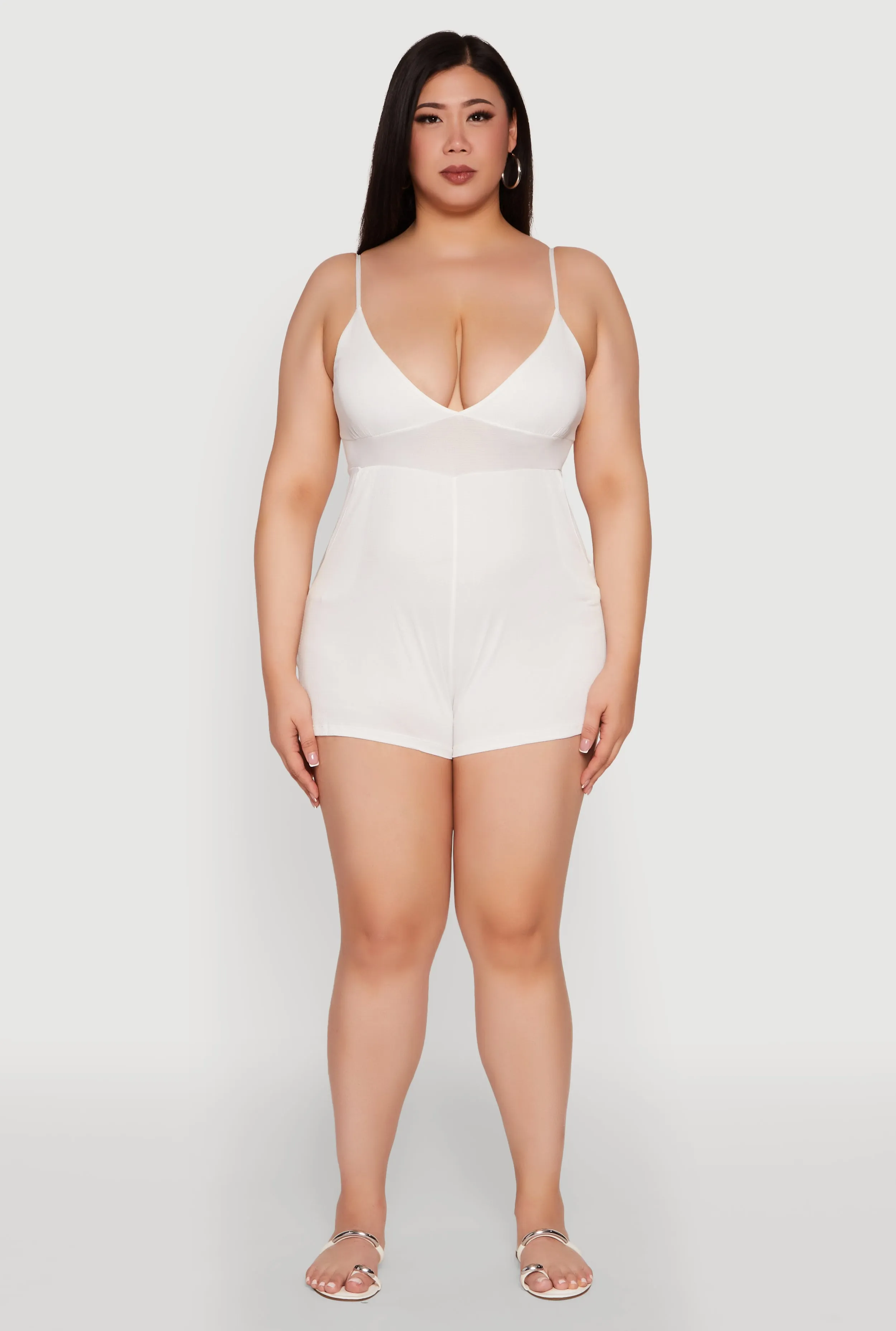 Plus Size Textured Knit Tie Back Plunge Neck Romper sold by Rainbow product image thumbnail 2