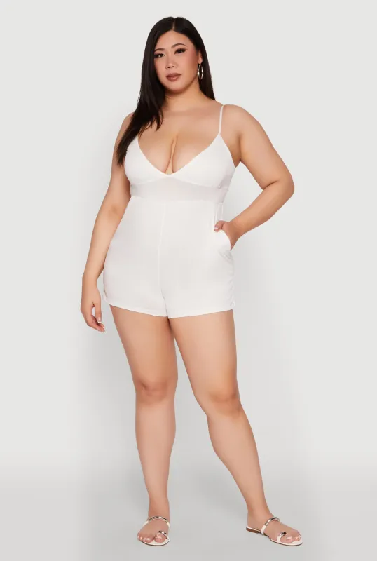 Plus Size Textured Knit Tie Back Plunge Neck Romper sold by Rainbow