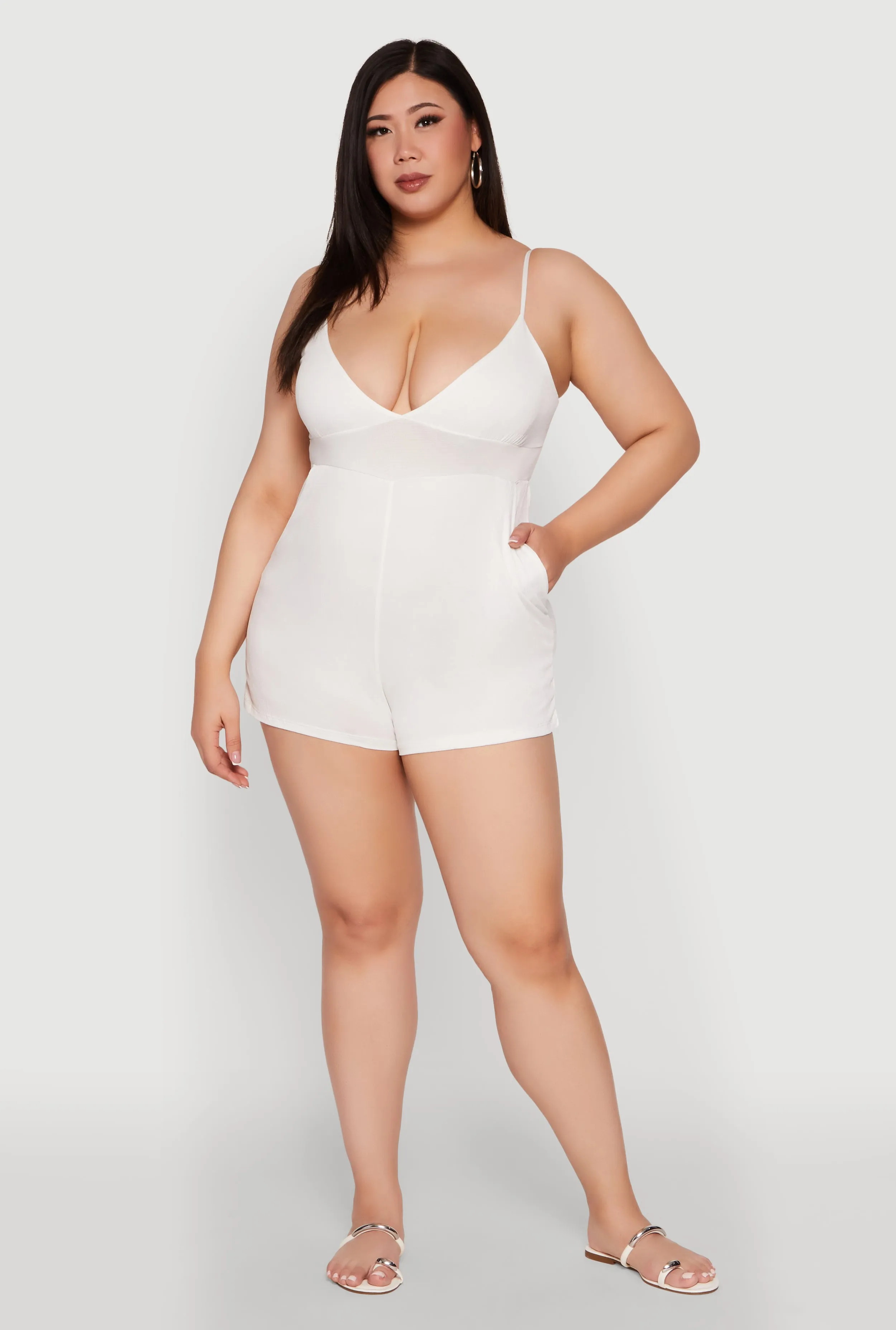 Plus Size Textured Knit Tie Back Plunge Neck Romper sold by Rainbow