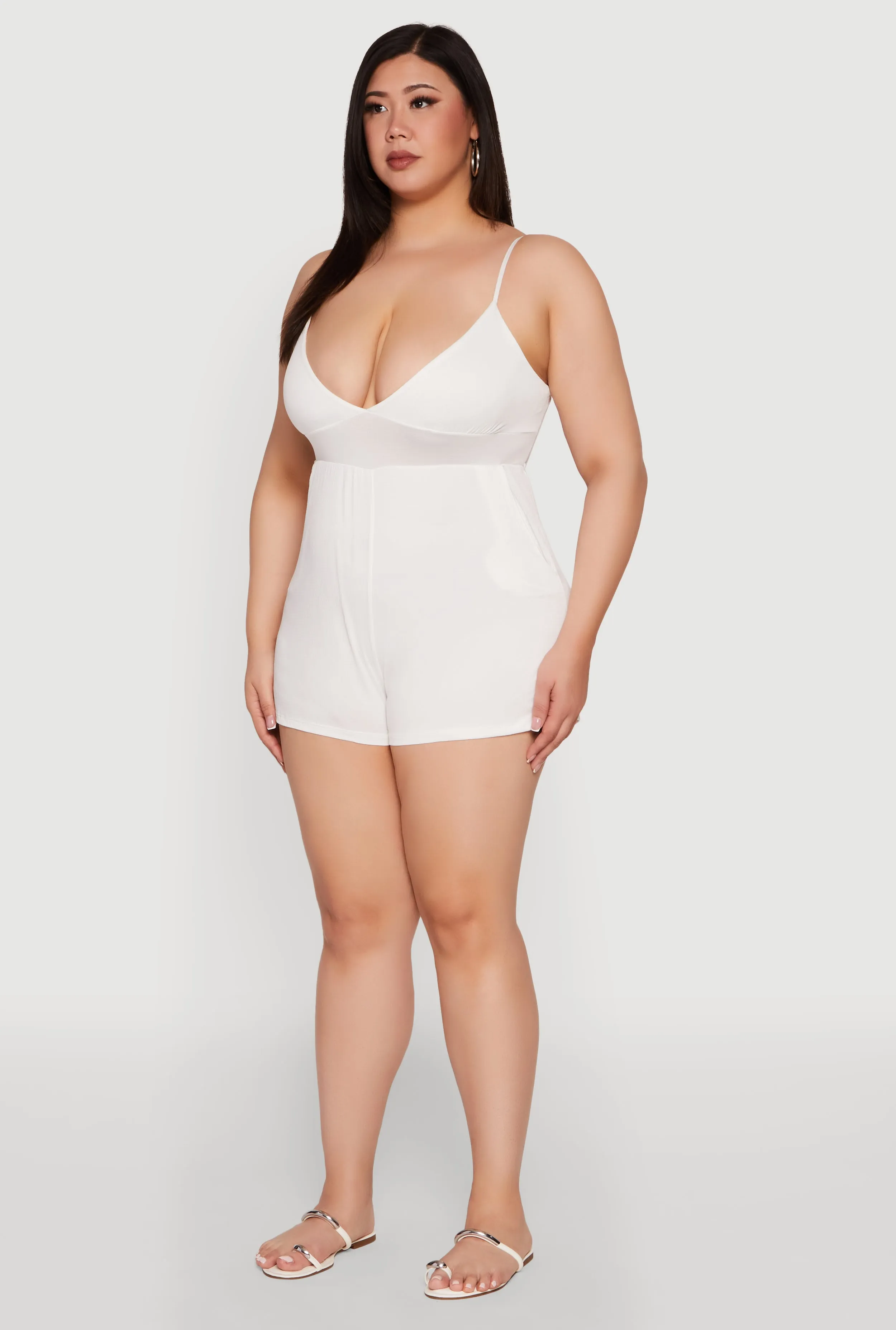 Plus Size Textured Knit Tie Back Plunge Neck Romper sold by Rainbow product image thumbnail 3