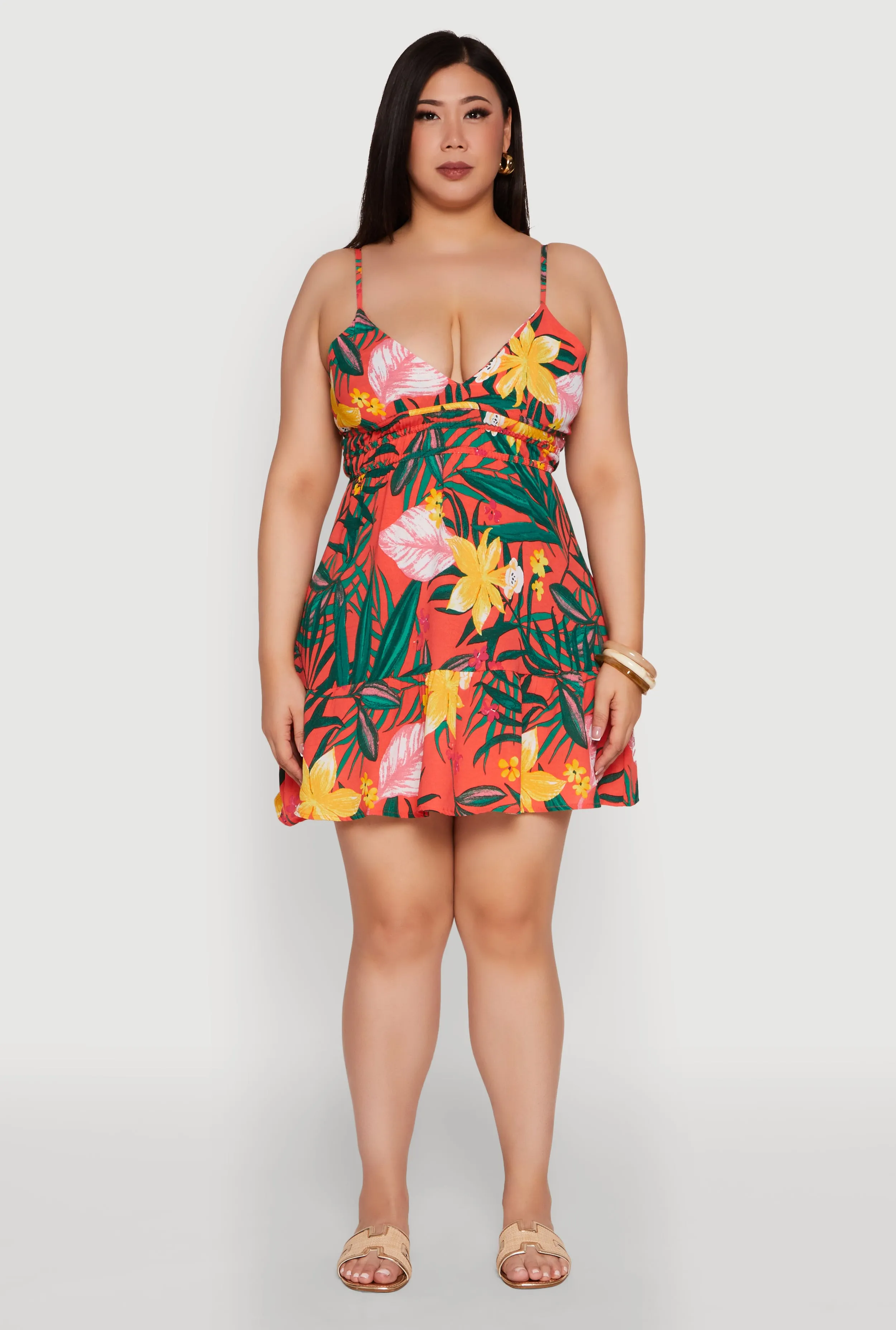 Plus Size Tropical Floral V Neck Sundress with Flounce Hem sold by Rainbow