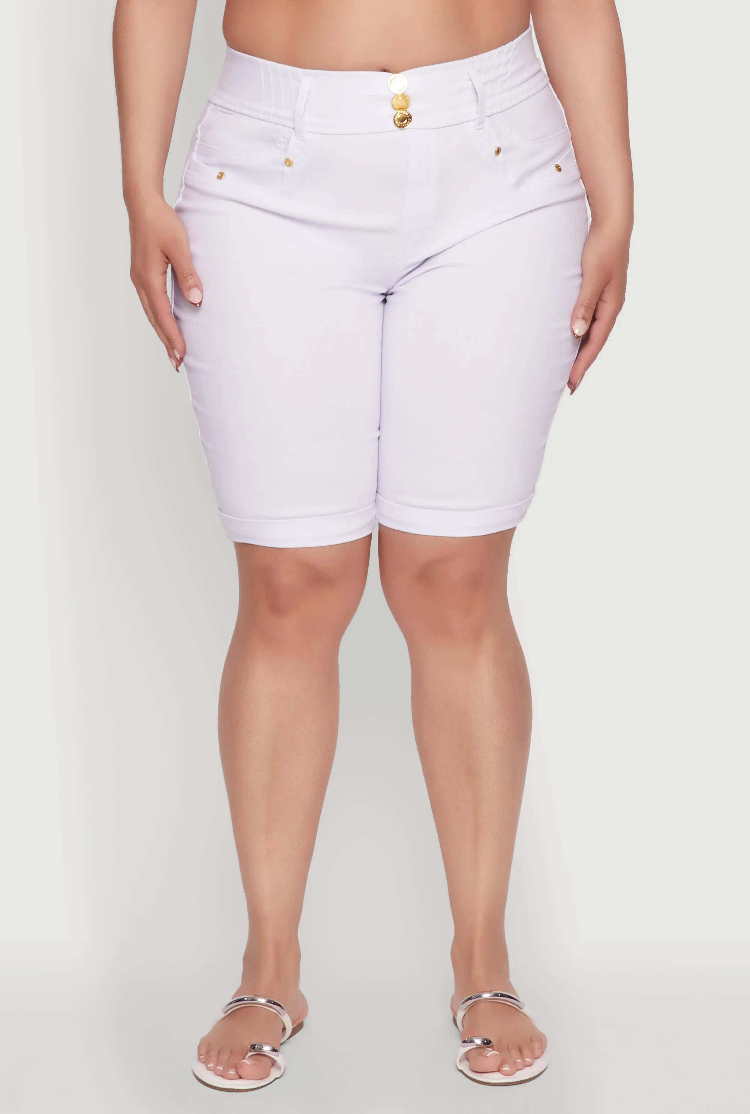 Plus Size Trendy Snatched High Waist Bermuda Shorts with Faux Buttons sold by Rainbow product image thumbnail 5