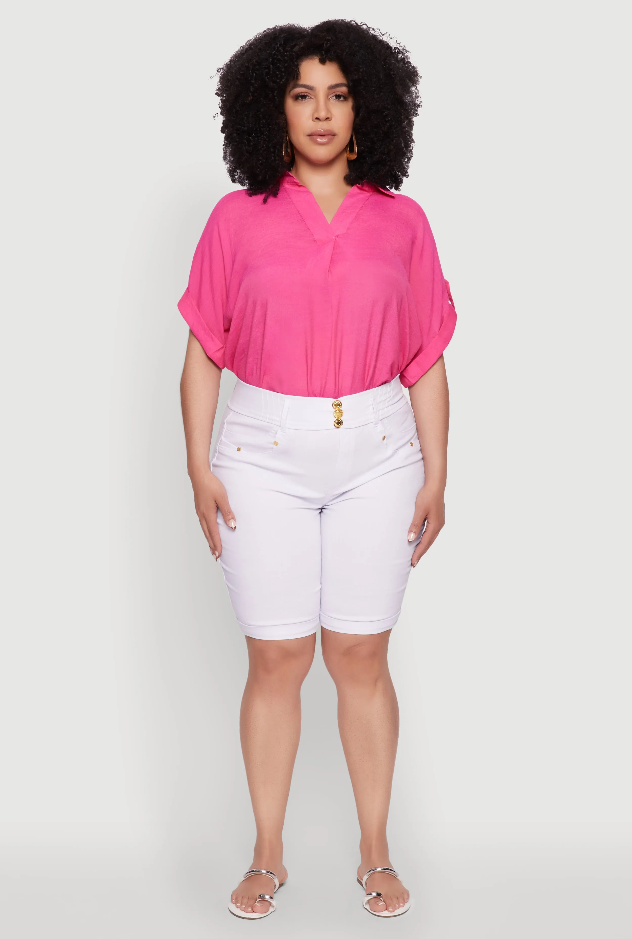 Plus Size Trendy Snatched High Waist Bermuda Shorts with Faux Buttons sold by Rainbow product image thumbnail 2