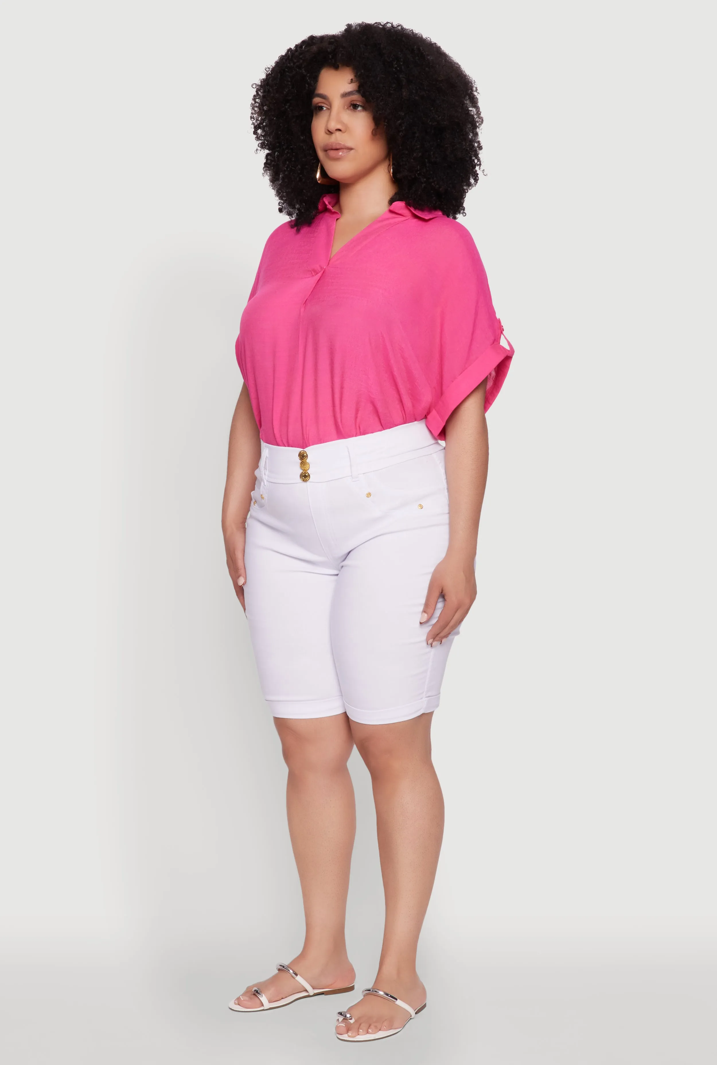 Plus Size Trendy Snatched High Waist Bermuda Shorts with Faux Buttons sold by Rainbow product image thumbnail 3