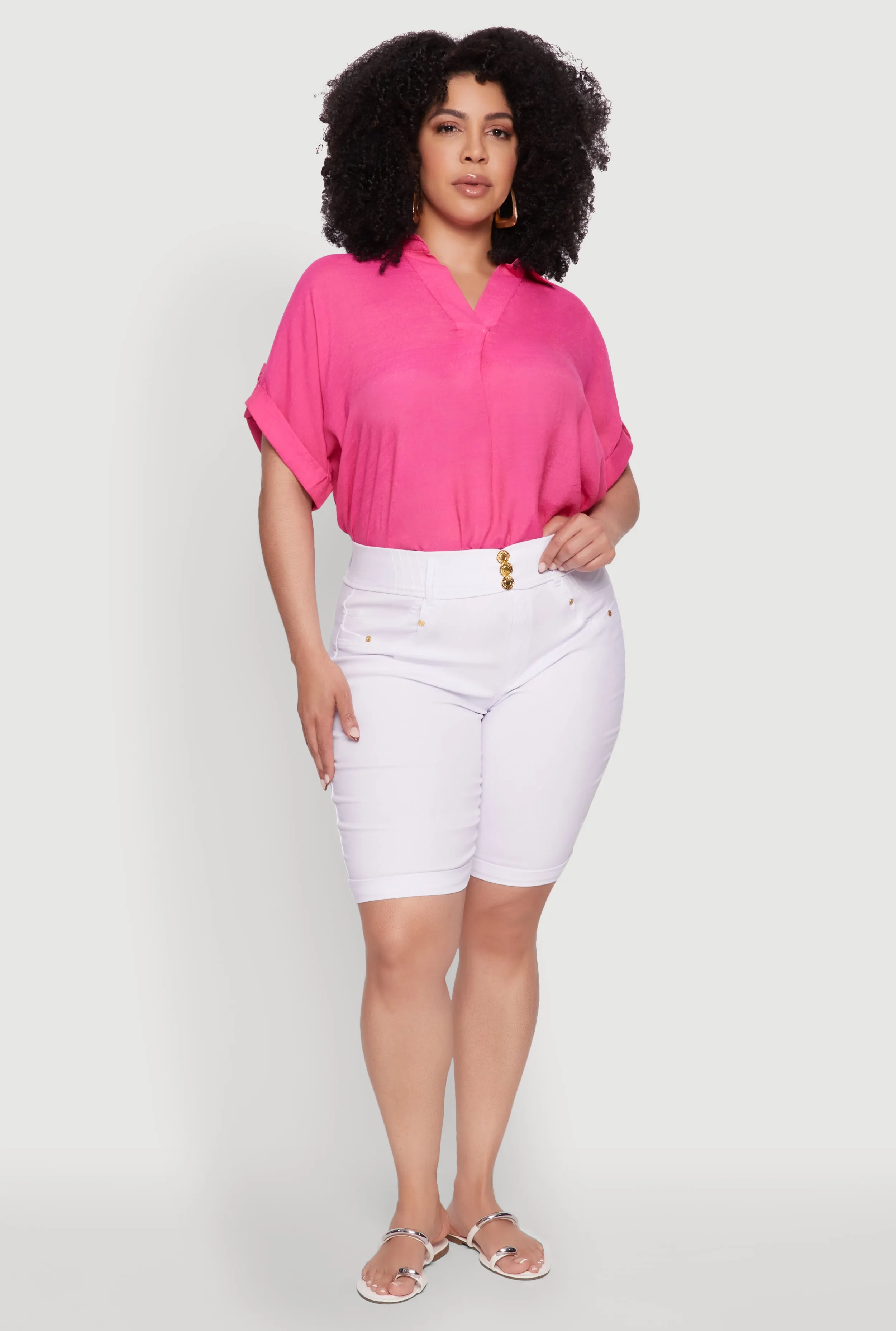 Plus Size Trendy Snatched High Waist Bermuda Shorts with Faux Buttons sold by Rainbow