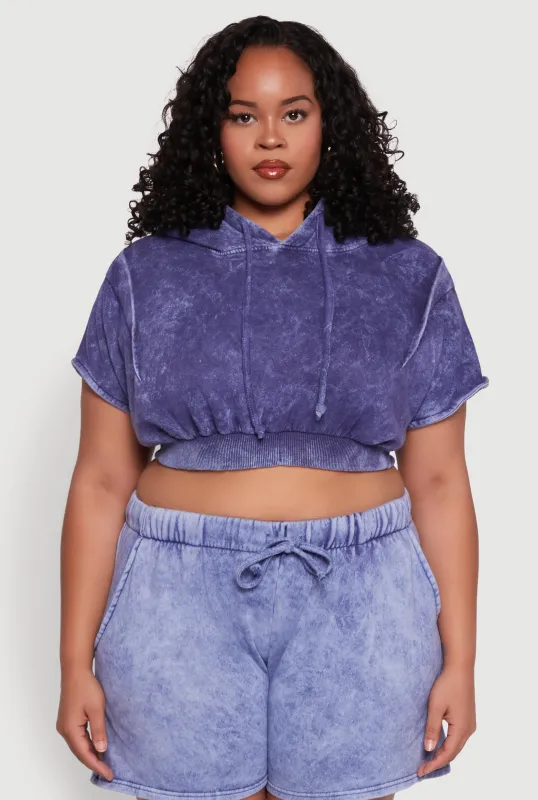 Plus Size Mineral Wash Hooded Crop Sweatshirt with Ruching sold by Rainbow