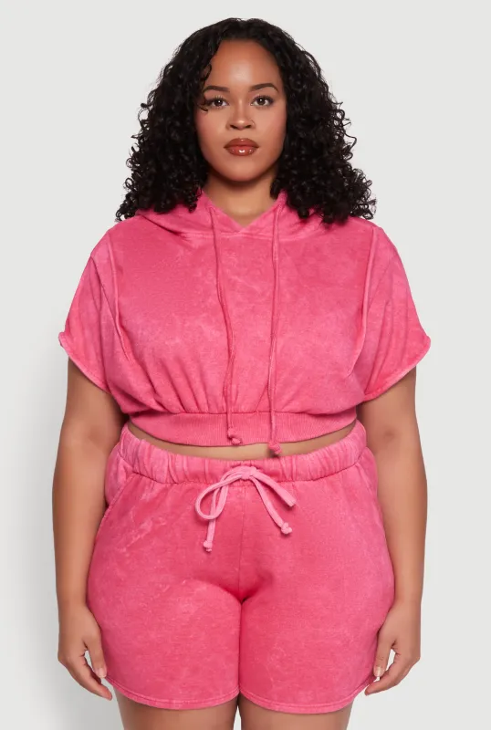Plus Size Mineral Wash Hooded Crop Sweatshirt with Ruching sold by Rainbow