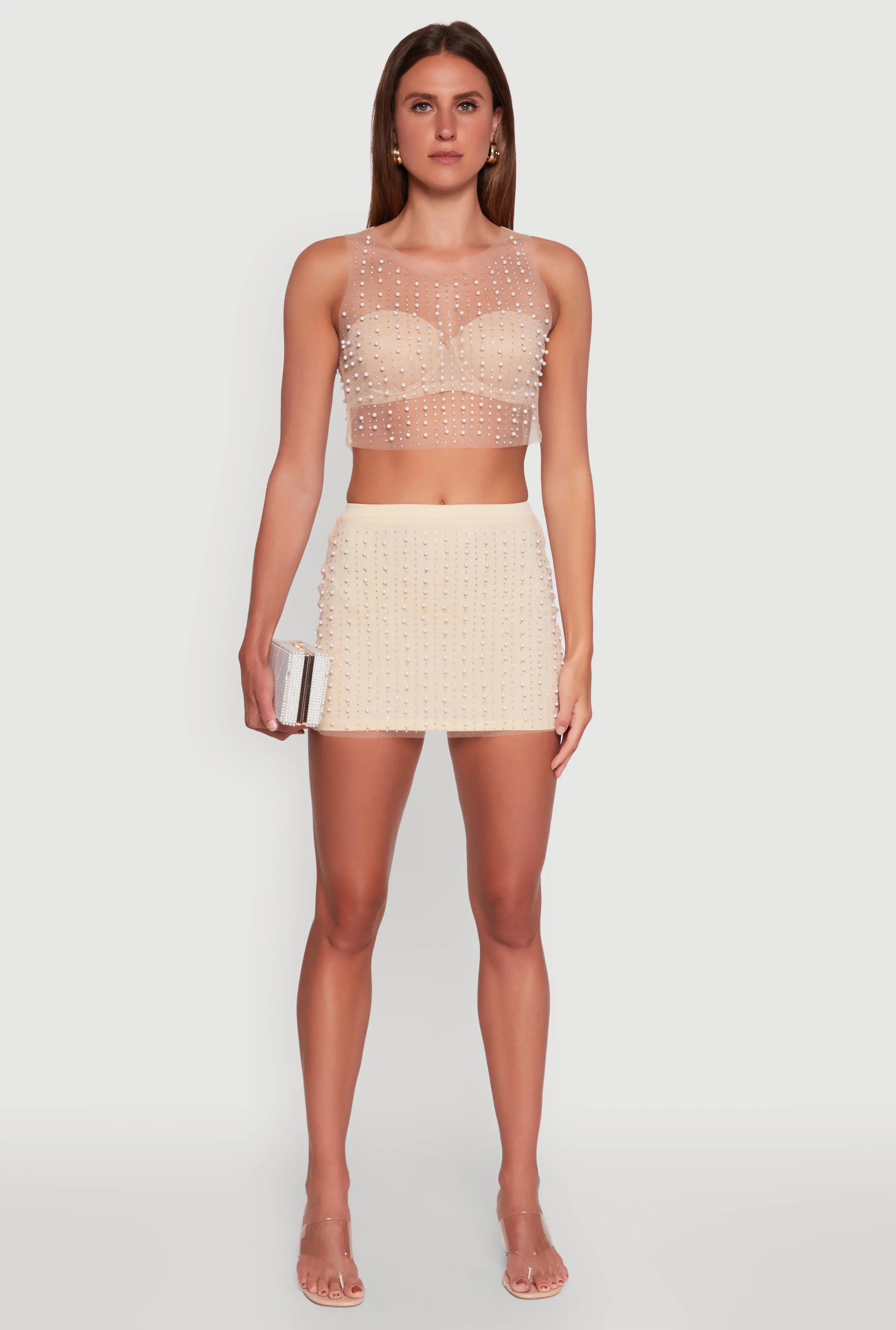Rhinestone Faux Pearl Mesh Overlay High Waisted Mini Skirt sold by Rainbow product image thumbnail 2