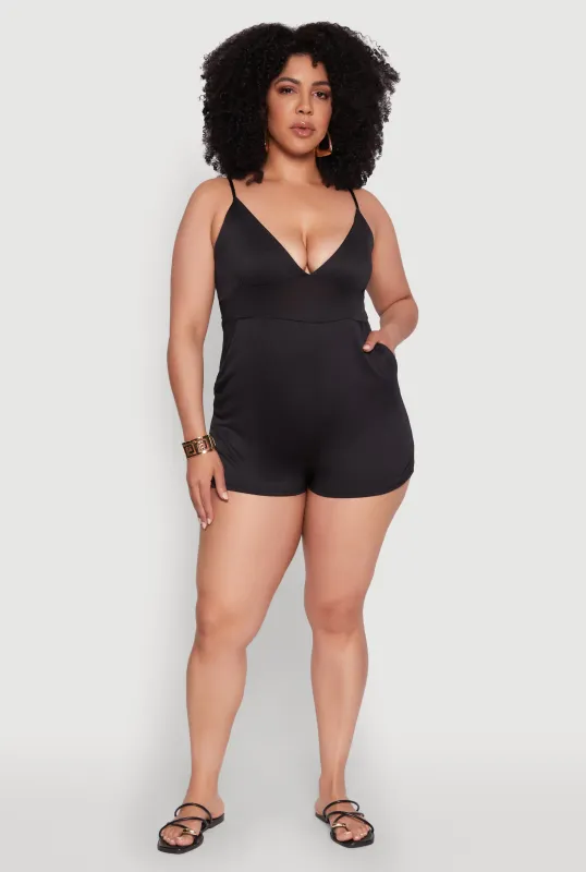Plus Size Textured Knit Tie Back Plunge Neck Romper sold by Rainbow