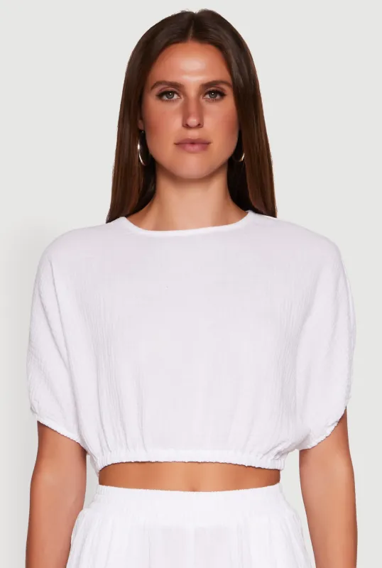Chic Gauze Knit Crew Neck Cropped Blouse with Dolman Sleeves sold by Rainbow