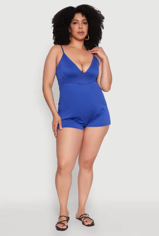 Plus Size Textured Knit Tie Back Plunge Neck Romper sold by Rainbow