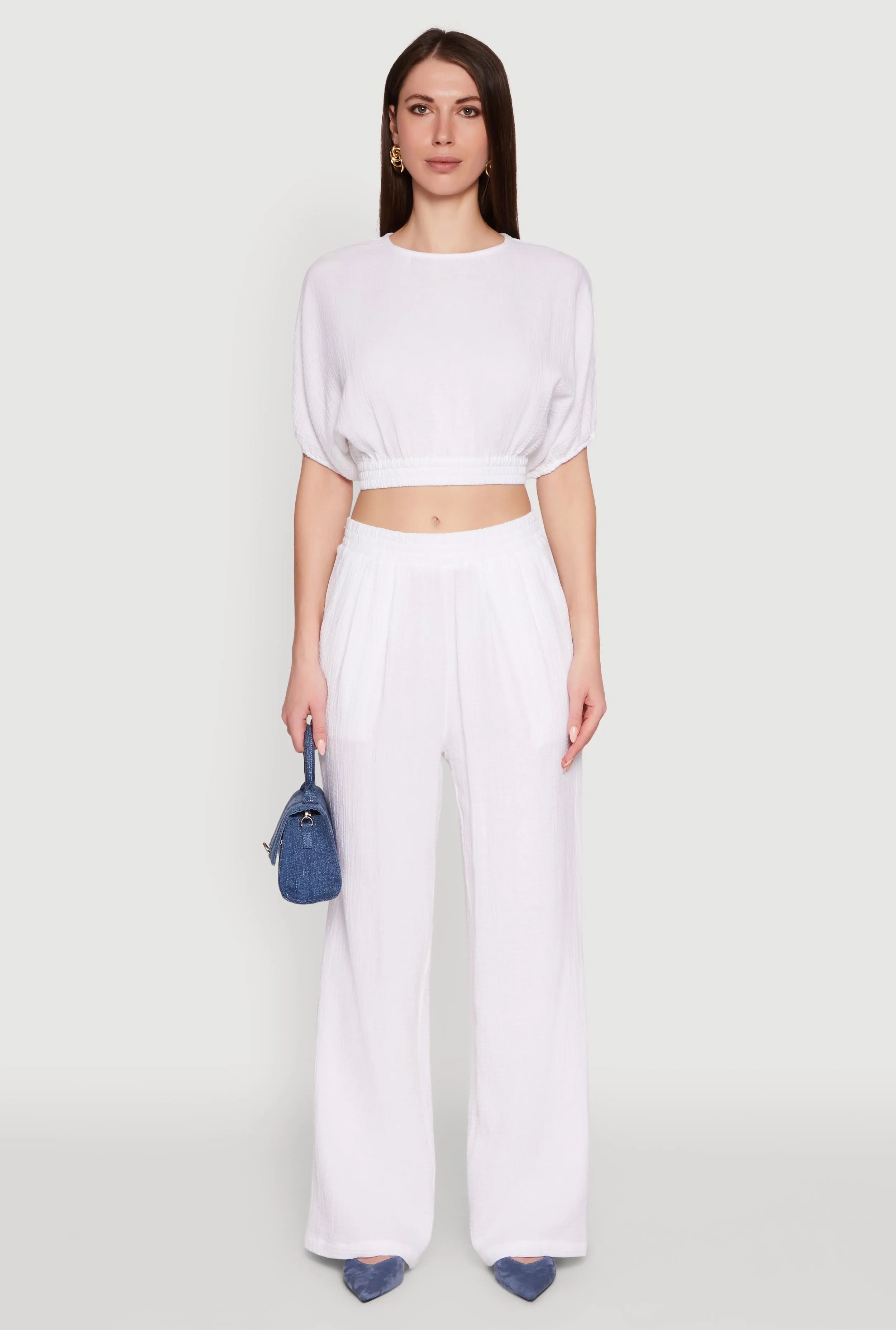 Chic Gauze Knit Crew Neck Cropped Blouse with Bubble Sleeves sold by Rainbow product image thumbnail 2