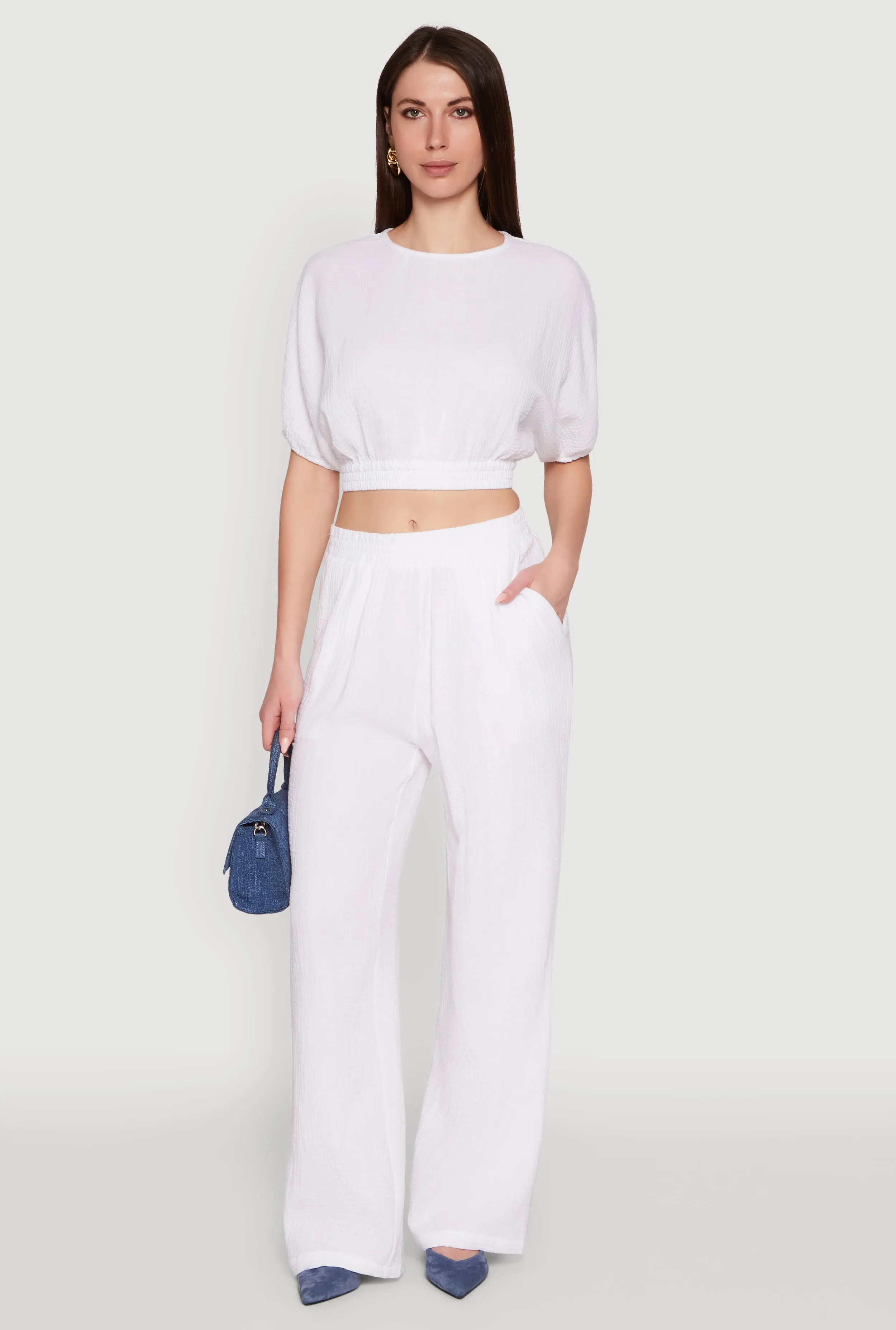 Chic Gauze Knit Crew Neck Cropped Blouse with Bubble Sleeves sold by Rainbow product image thumbnail 3