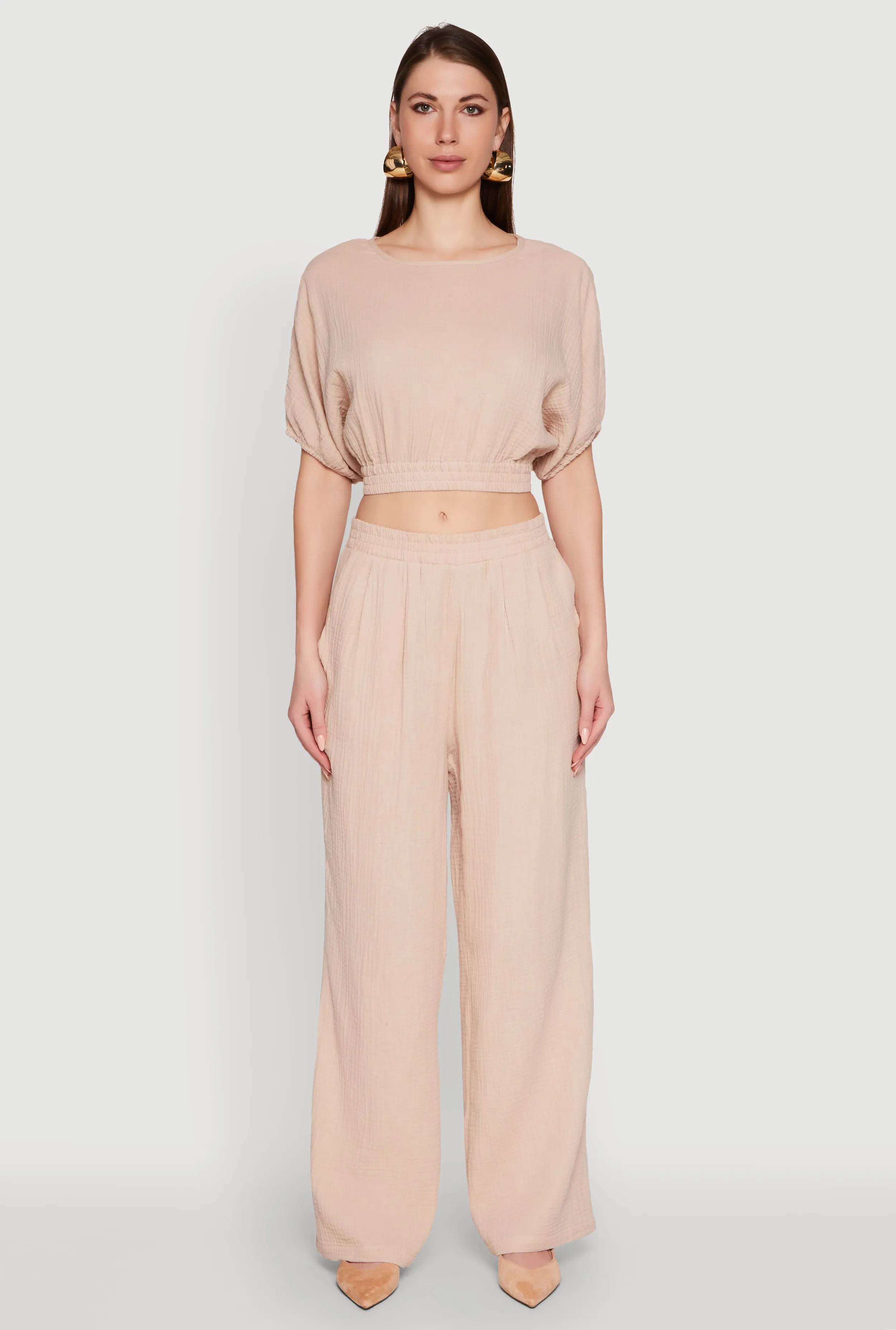 Chic Gauze Knit Crew Neck Cropped Blouse with Bubble Sleeves sold by Rainbow product image thumbnail 2