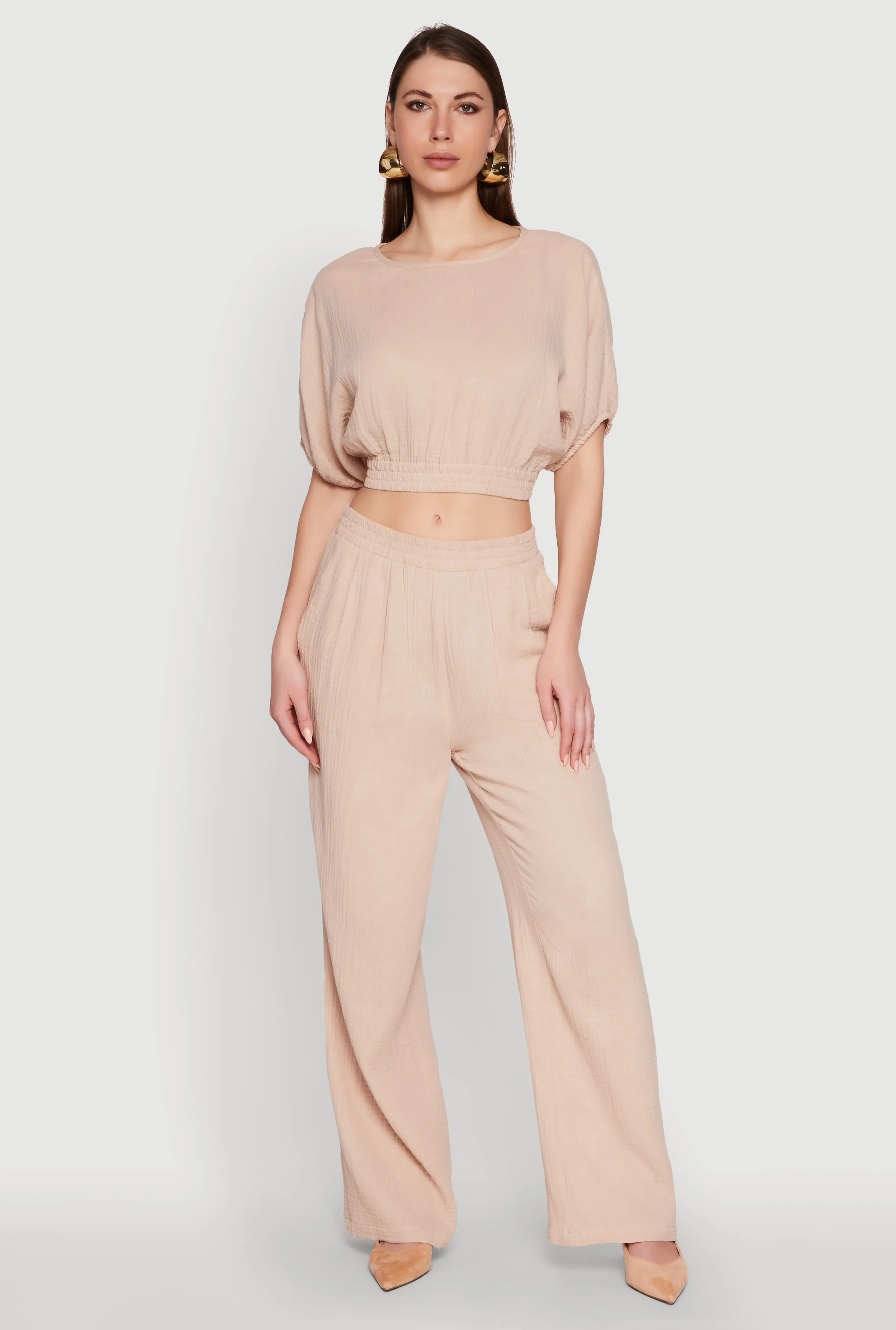 Chic Gauze Knit Crew Neck Cropped Blouse with Bubble Sleeves sold by Rainbow product image thumbnail 3