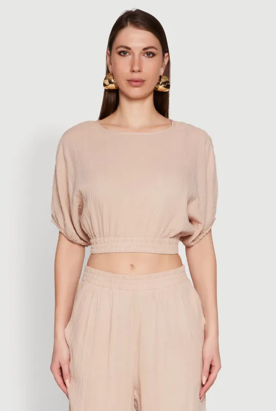 Chic Gauze Knit Crew Neck Cropped Blouse with Bubble Sleeves sold by Rainbow