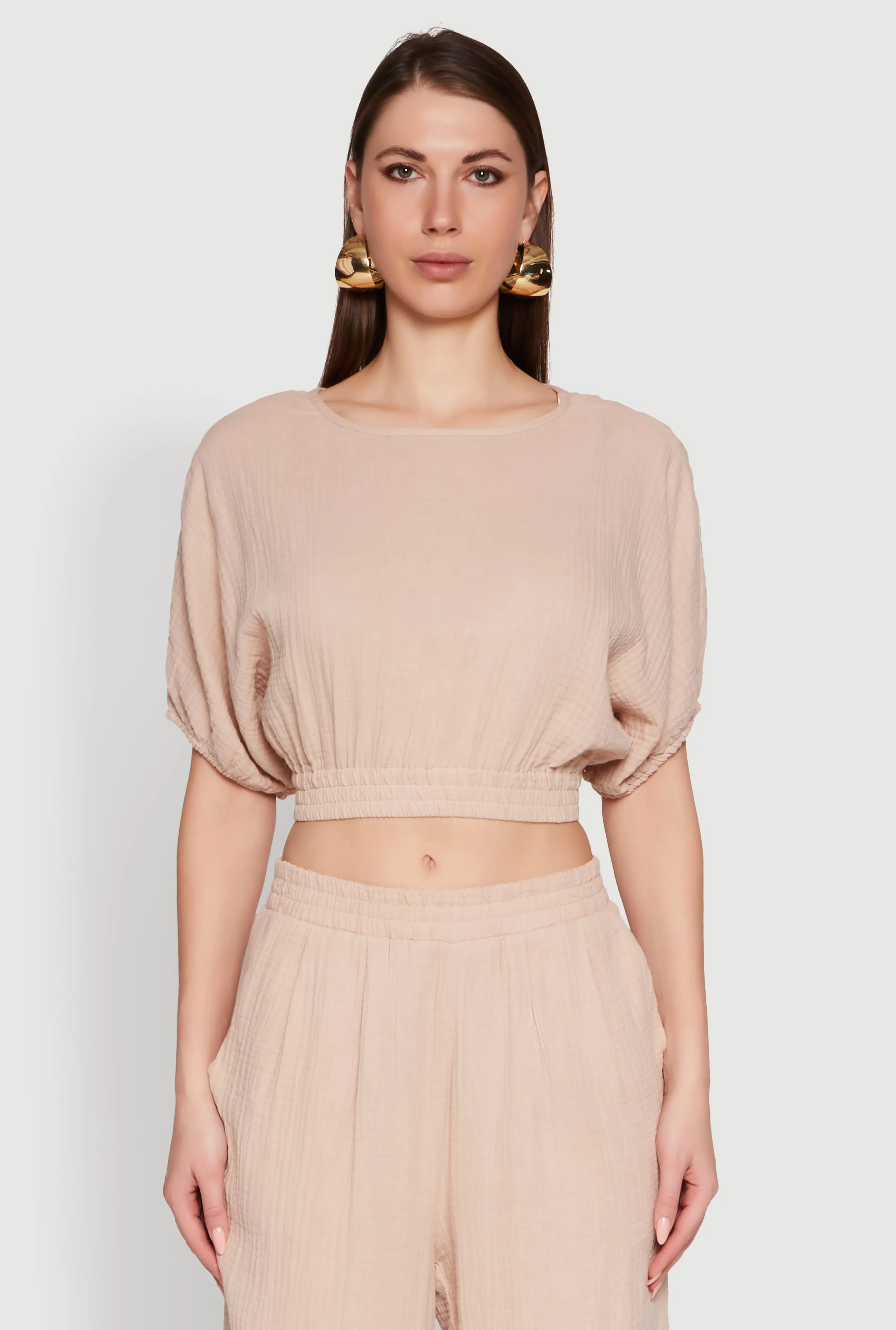 Chic Gauze Knit Crew Neck Cropped Blouse with Bubble Sleeves sold by Rainbow