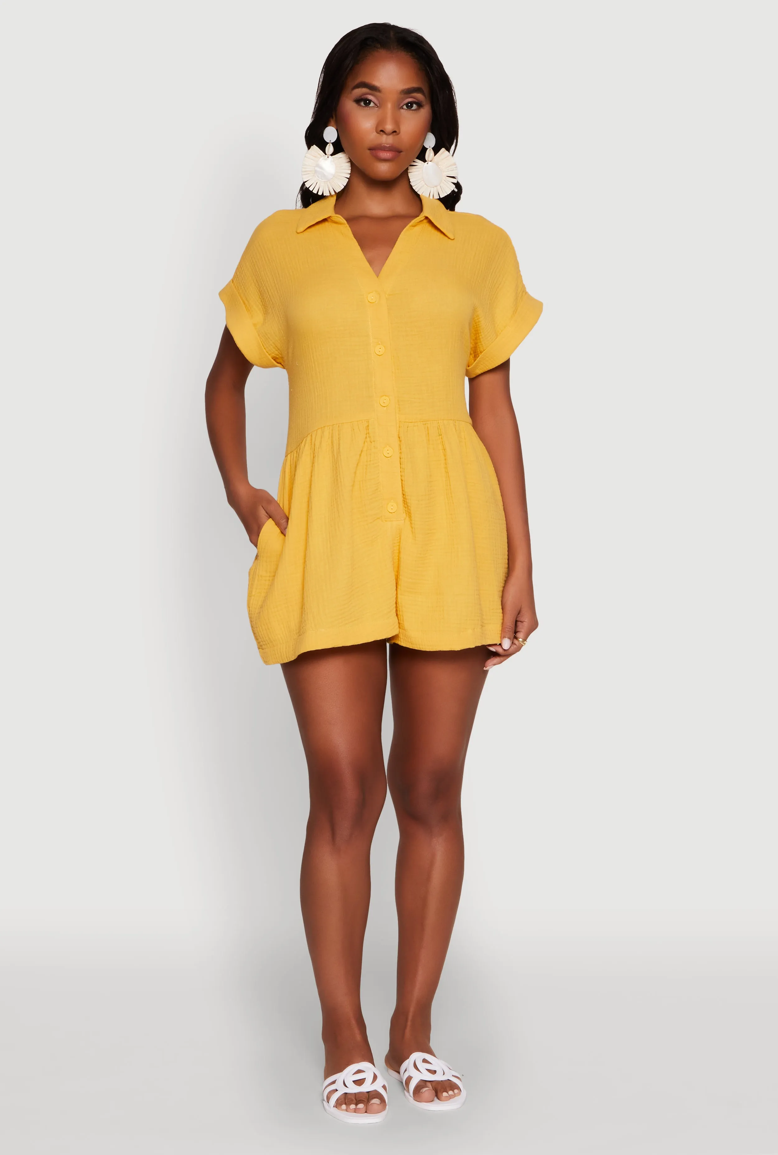 Chic Gauze Knit Button Front Romper with Cap Sleeves sold by Rainbow product image thumbnail 2