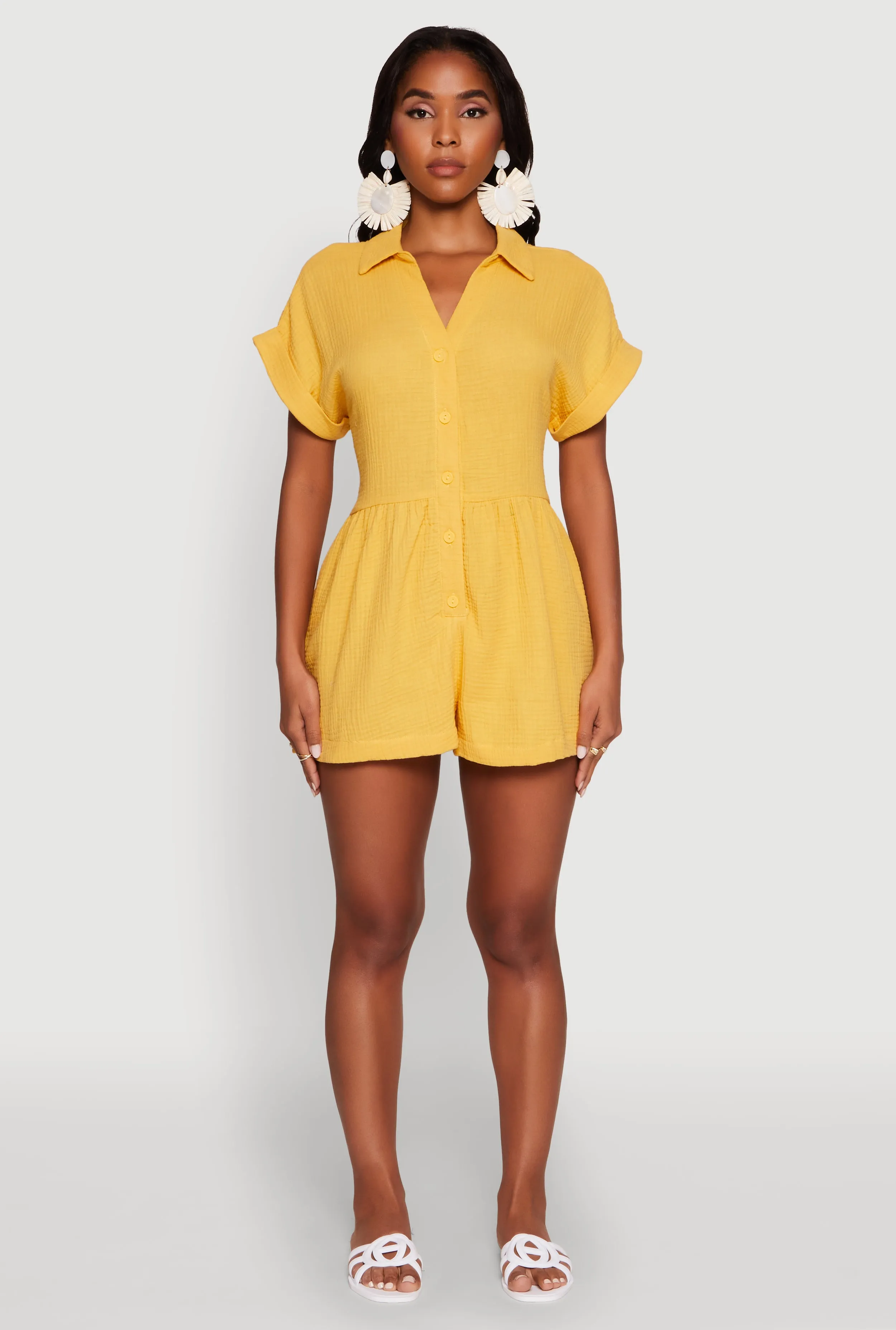 Chic Gauze Knit Button Front Romper with Cap Sleeves sold by Rainbow