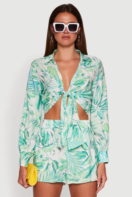 Crepe Knit Tropical Floral Tie Front Crop Top sold by Rainbow