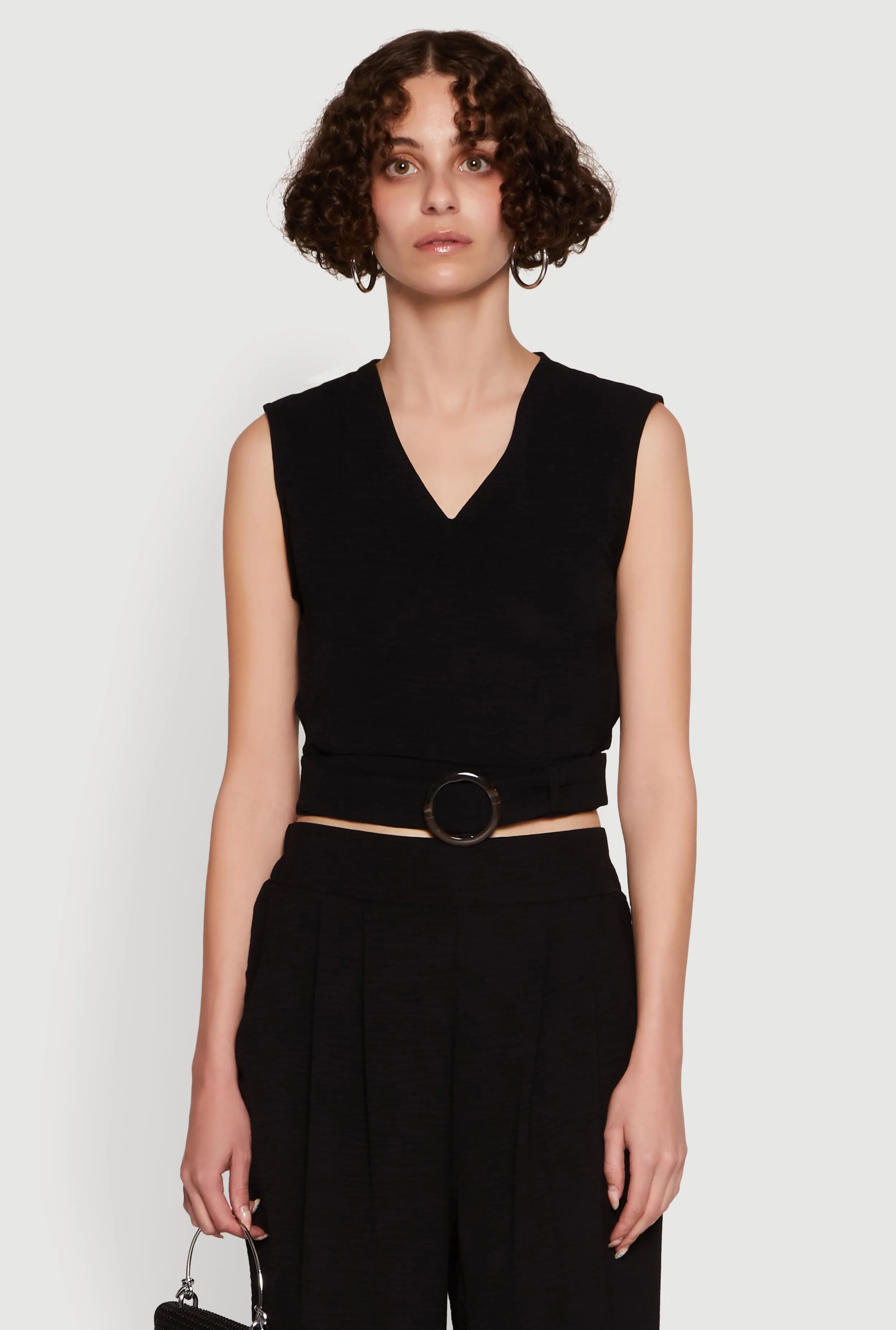 Chic Crepe Knit V Neck Sleeveless Crop Top with Belted Front sold by Rainbow