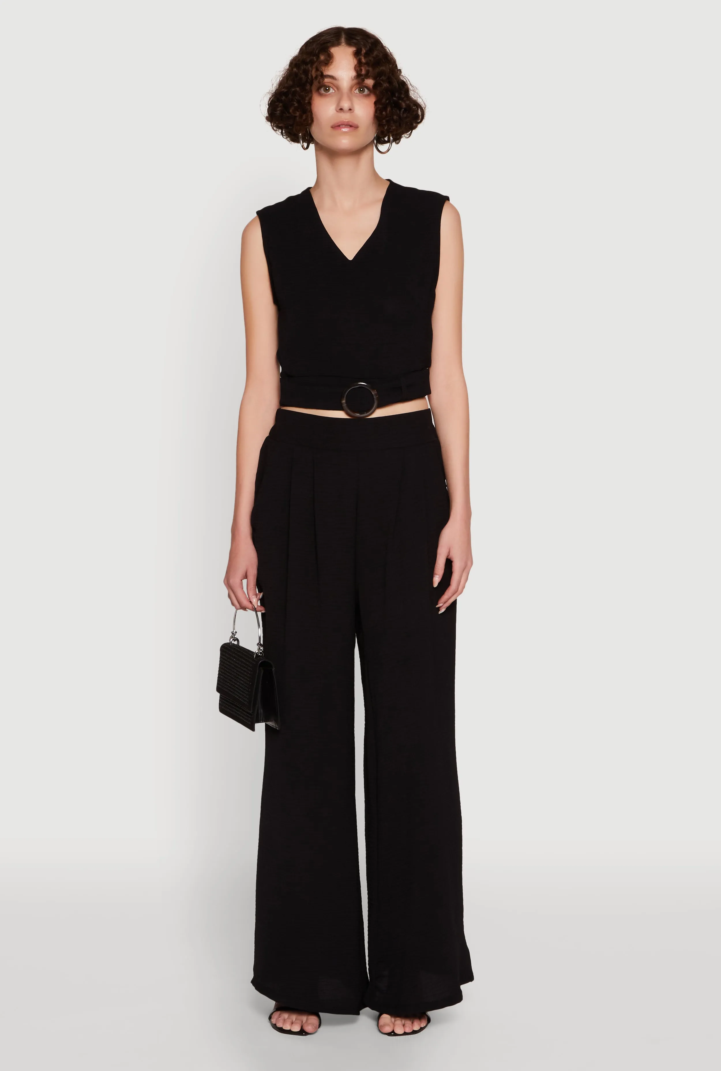 Chic Crepe Knit V Neck Sleeveless Crop Top with Belted Front sold by Rainbow product image thumbnail 2