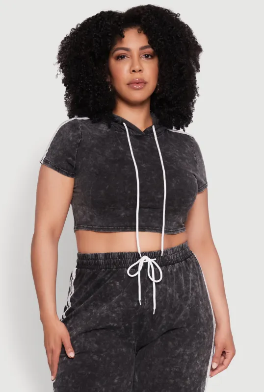 Plus Size Daisy Mineral Wash Cropped Hooded T Shirt with Varsity Stripe sold by Rainbow