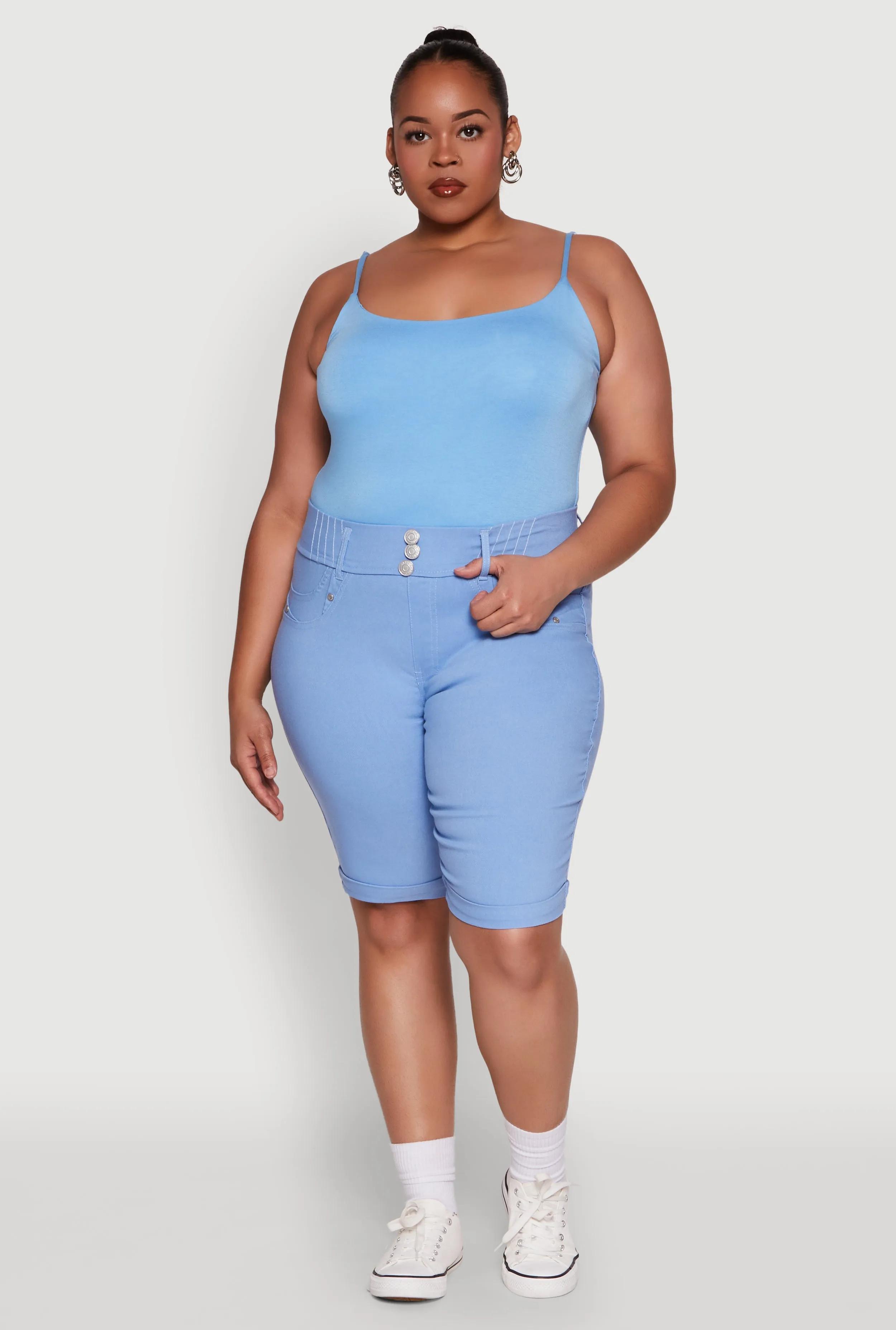 Plus Size Trendy Snatched High Waist Bermuda Shorts with Faux Buttons sold by Rainbow